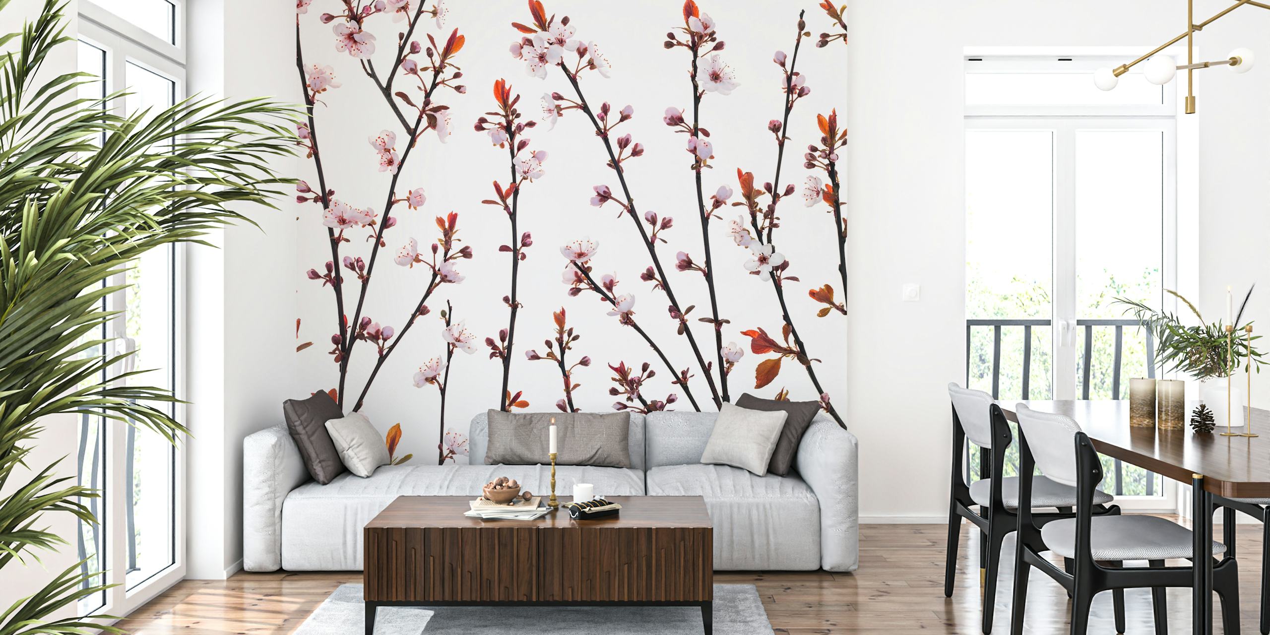Cherry blossom branches with pink flowers and green leaves wallpaper