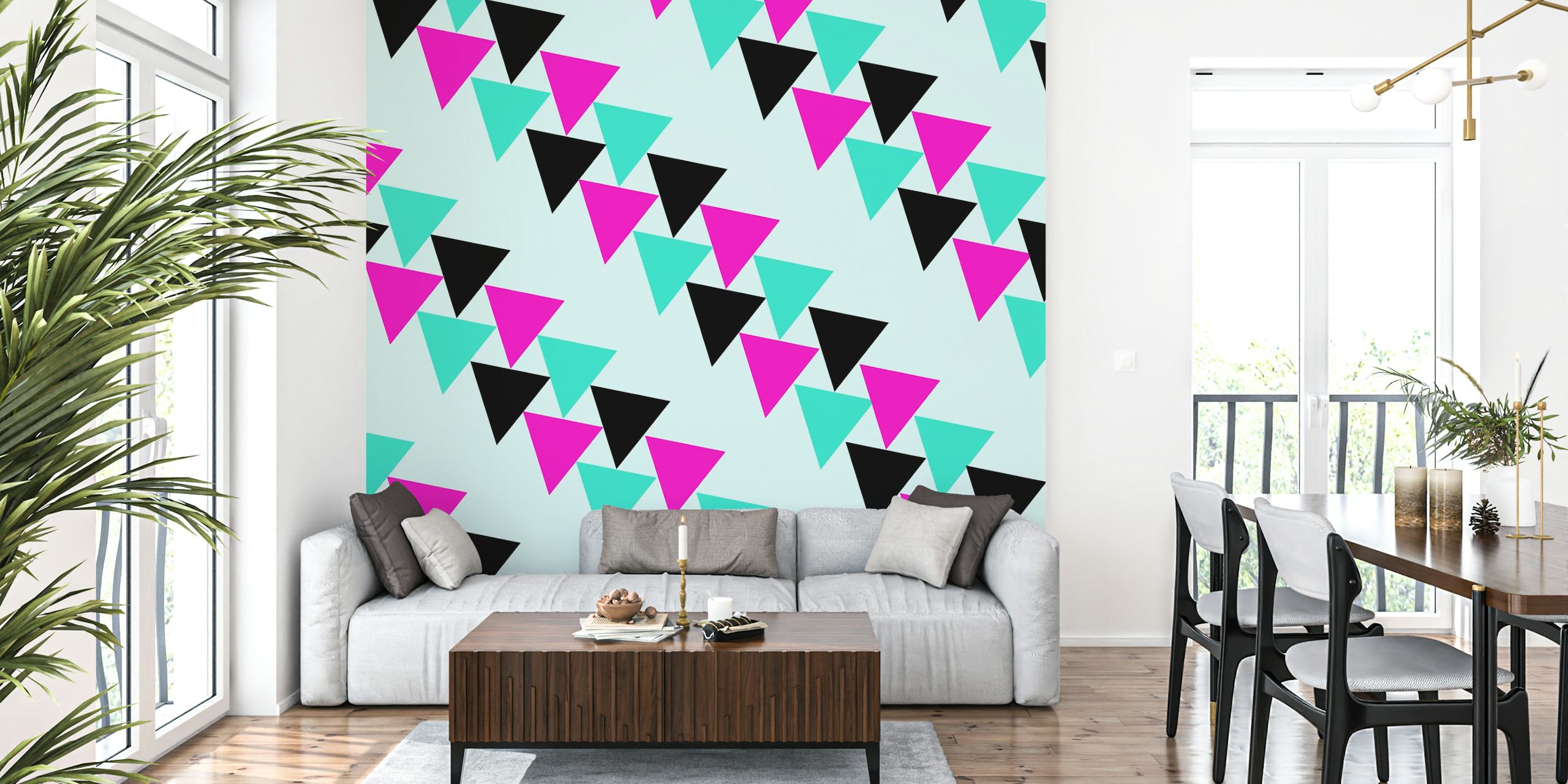 Colorful triangles in pink, turquoise, and black geometric wallpaper