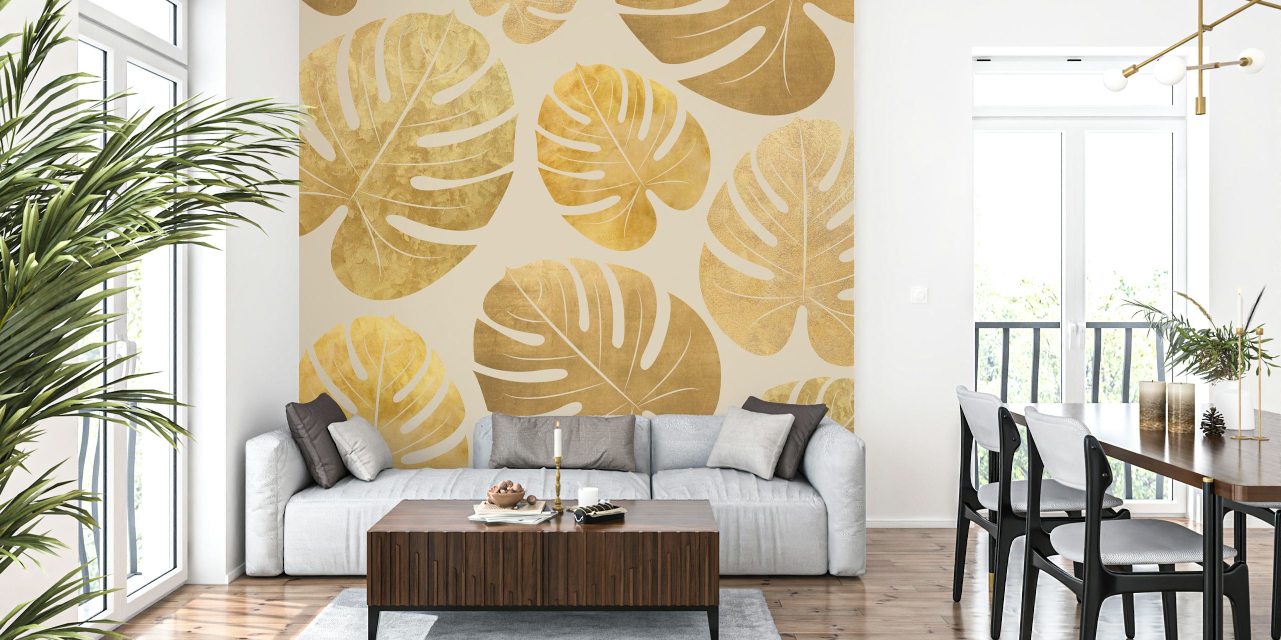Golden palm leaves wallpaper in a room
