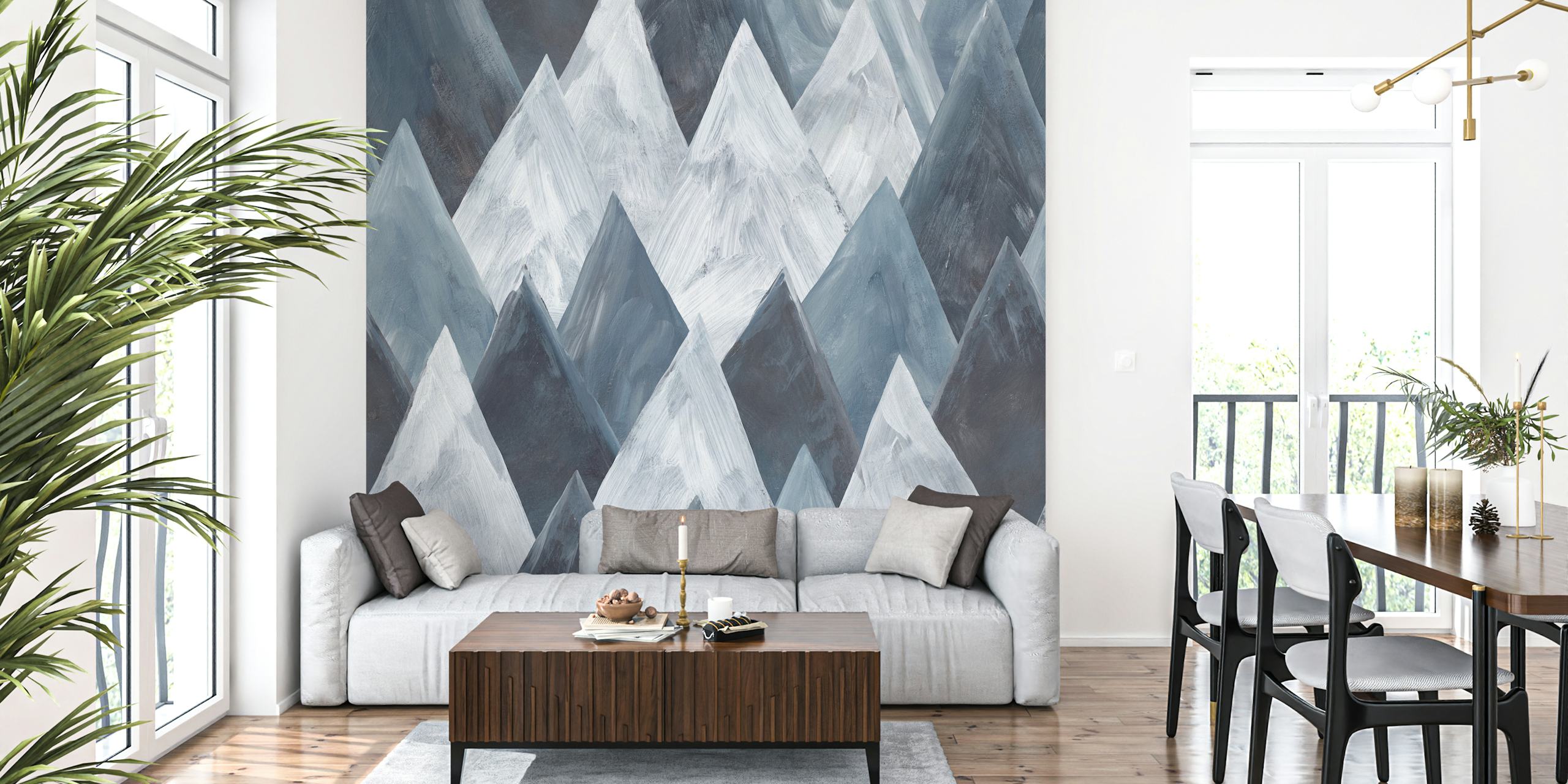 Gouache mountain peaks in gray and white tones wallpaper