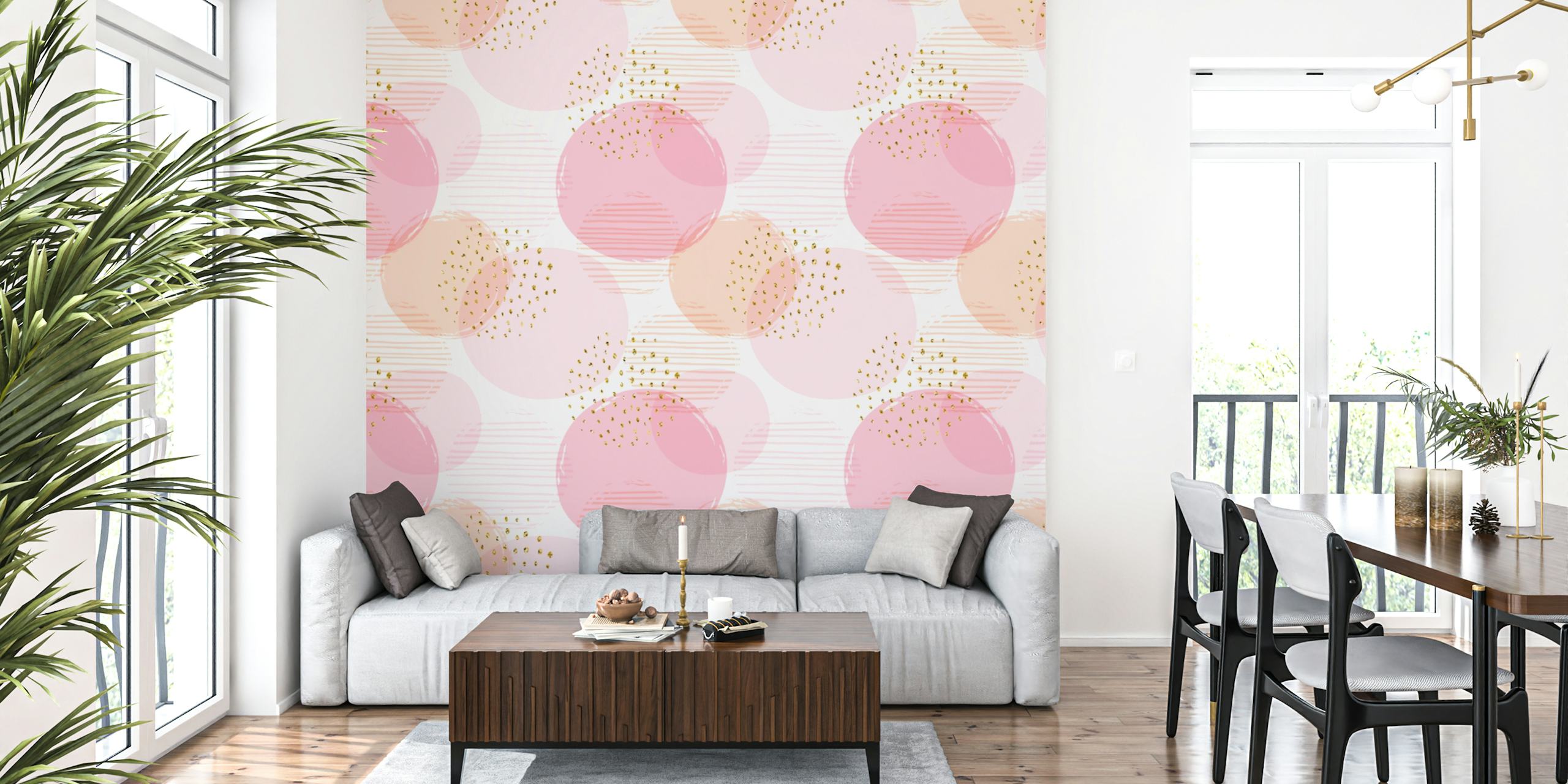 Soft pink circles with gold accents on light background wallpaper