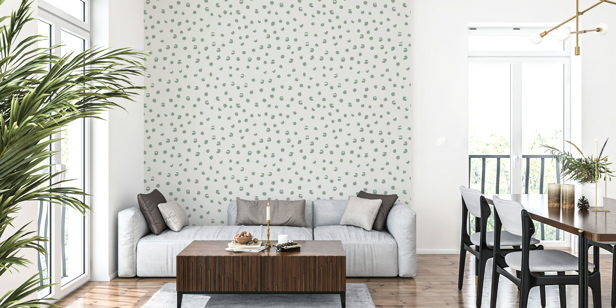 Tracks sage green beige tapetti huoneessa