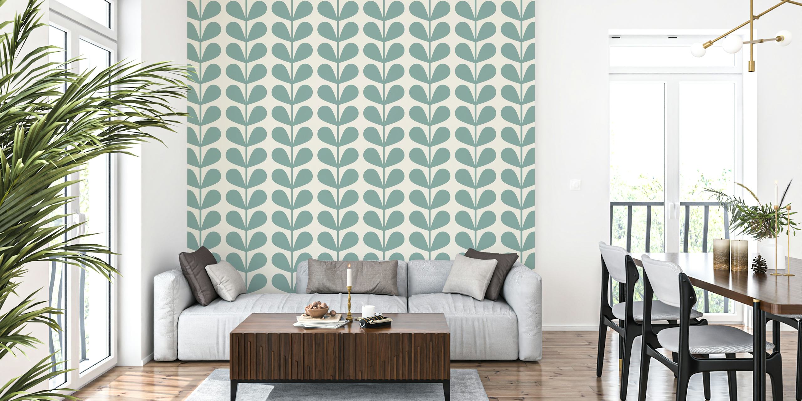 Mid century leaves pattern in blue and cream on wallpaper