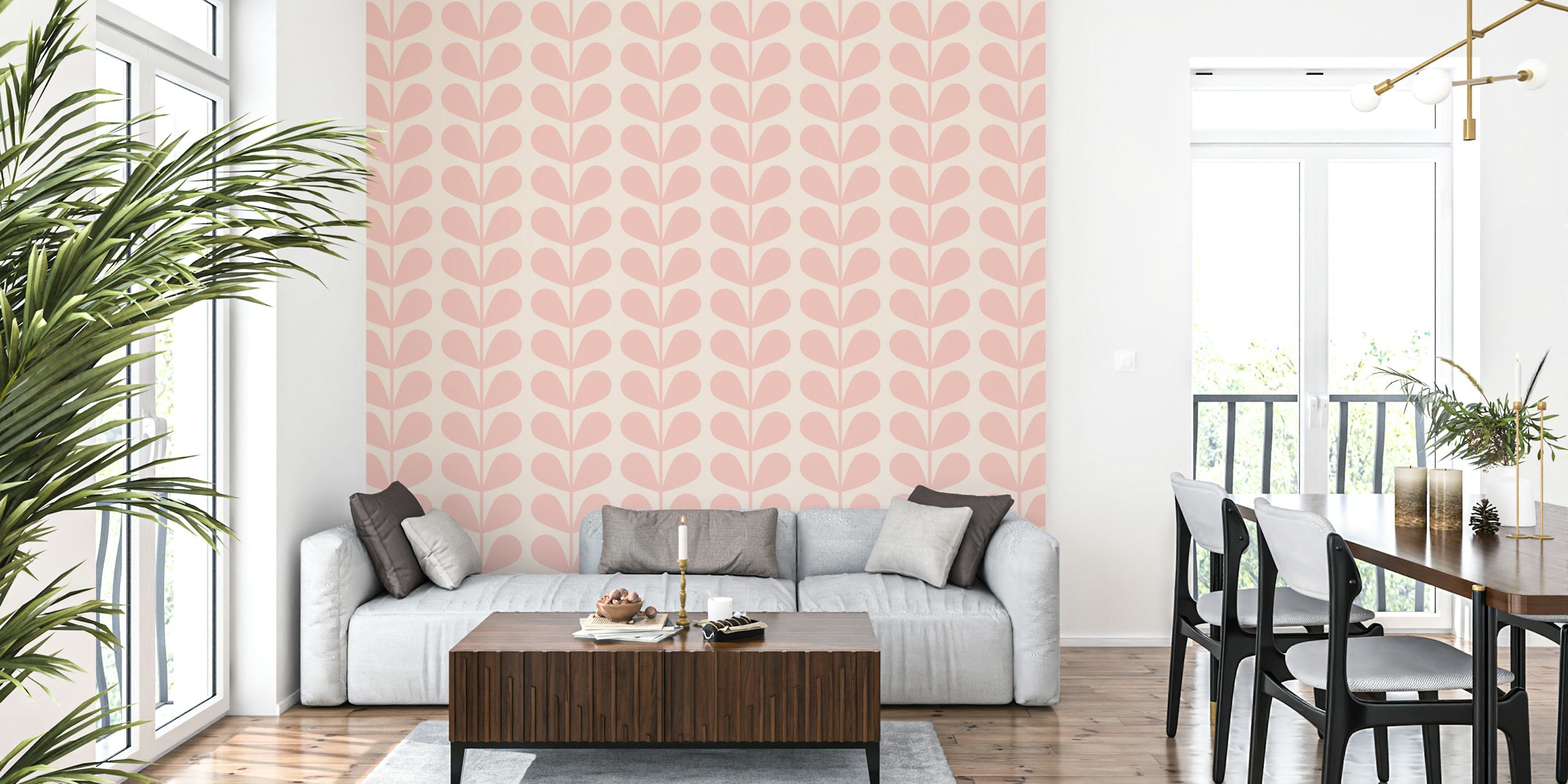 Light pink leaf pattern wallpaper in mid century style