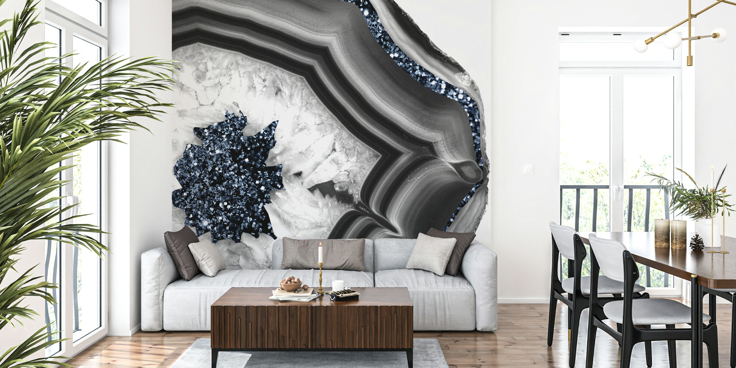 Gray and white agate pattern with sparkling blue glitter wallpaper