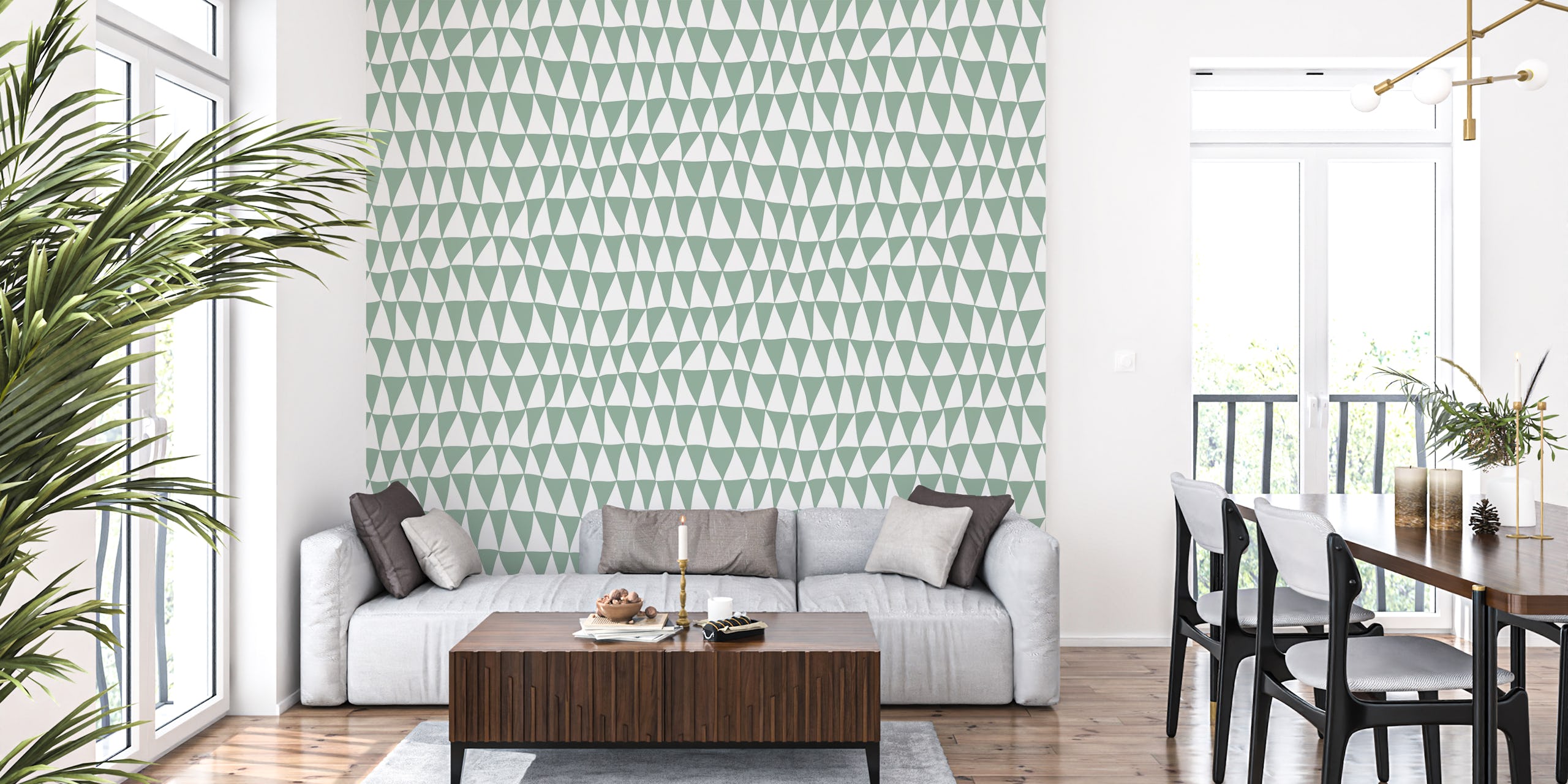 Zeleni i bijeli geometrijski trokutasti zidni mural