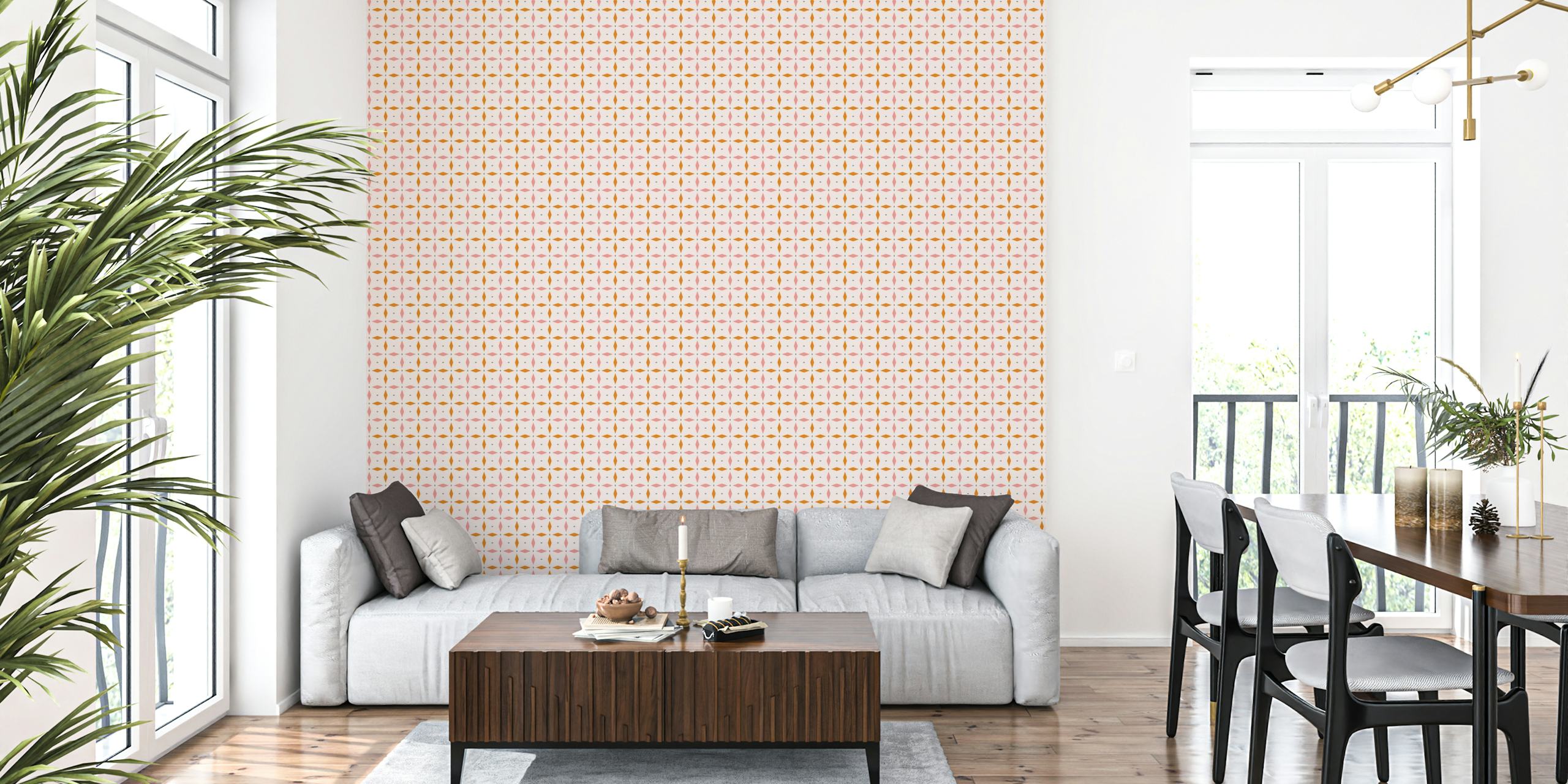 Diamond Grid pink orange rose wallpaper in a room