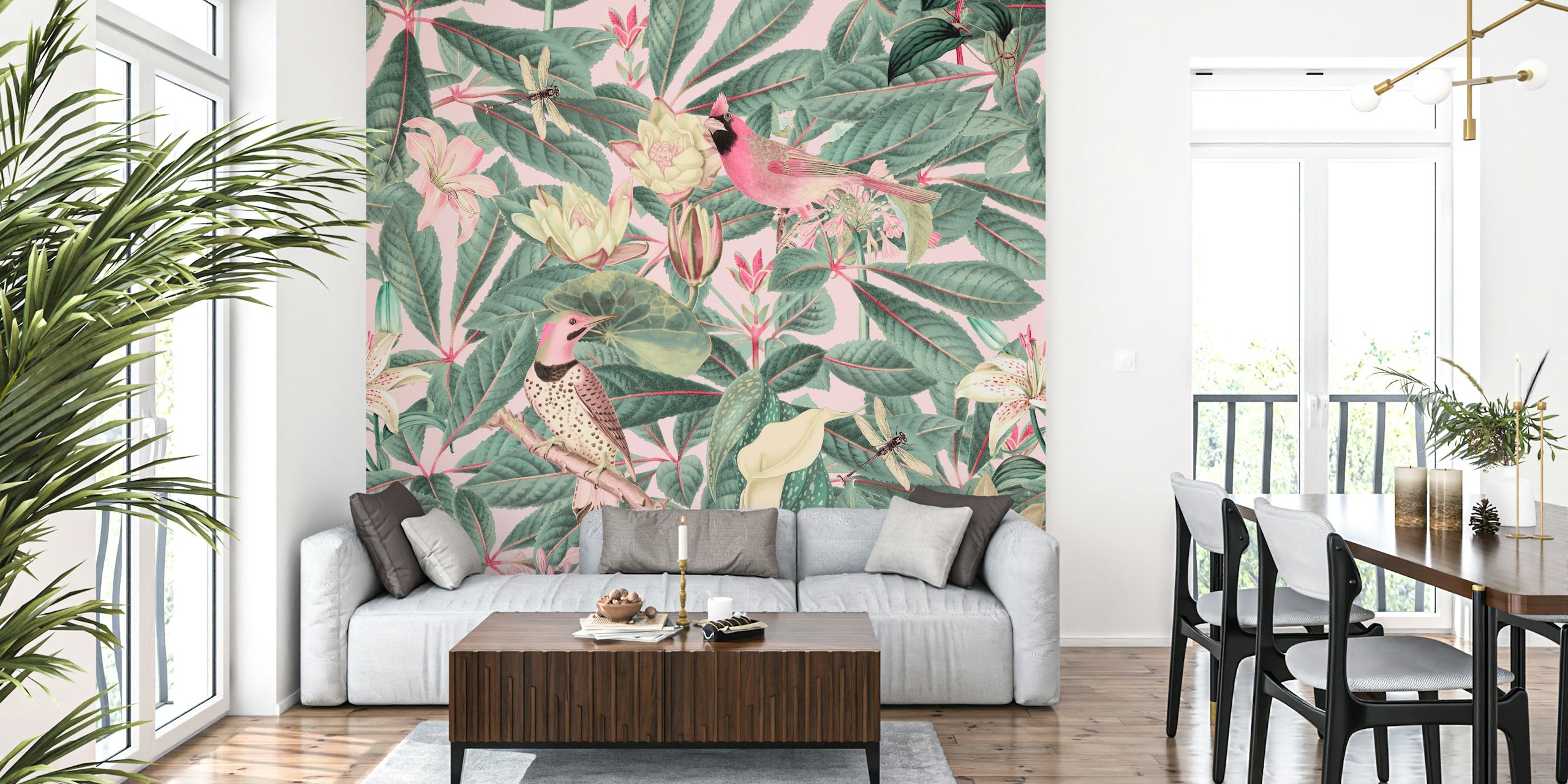 Botanisch patroon met vogels en bloemen in pastelkleuren wallpaper
