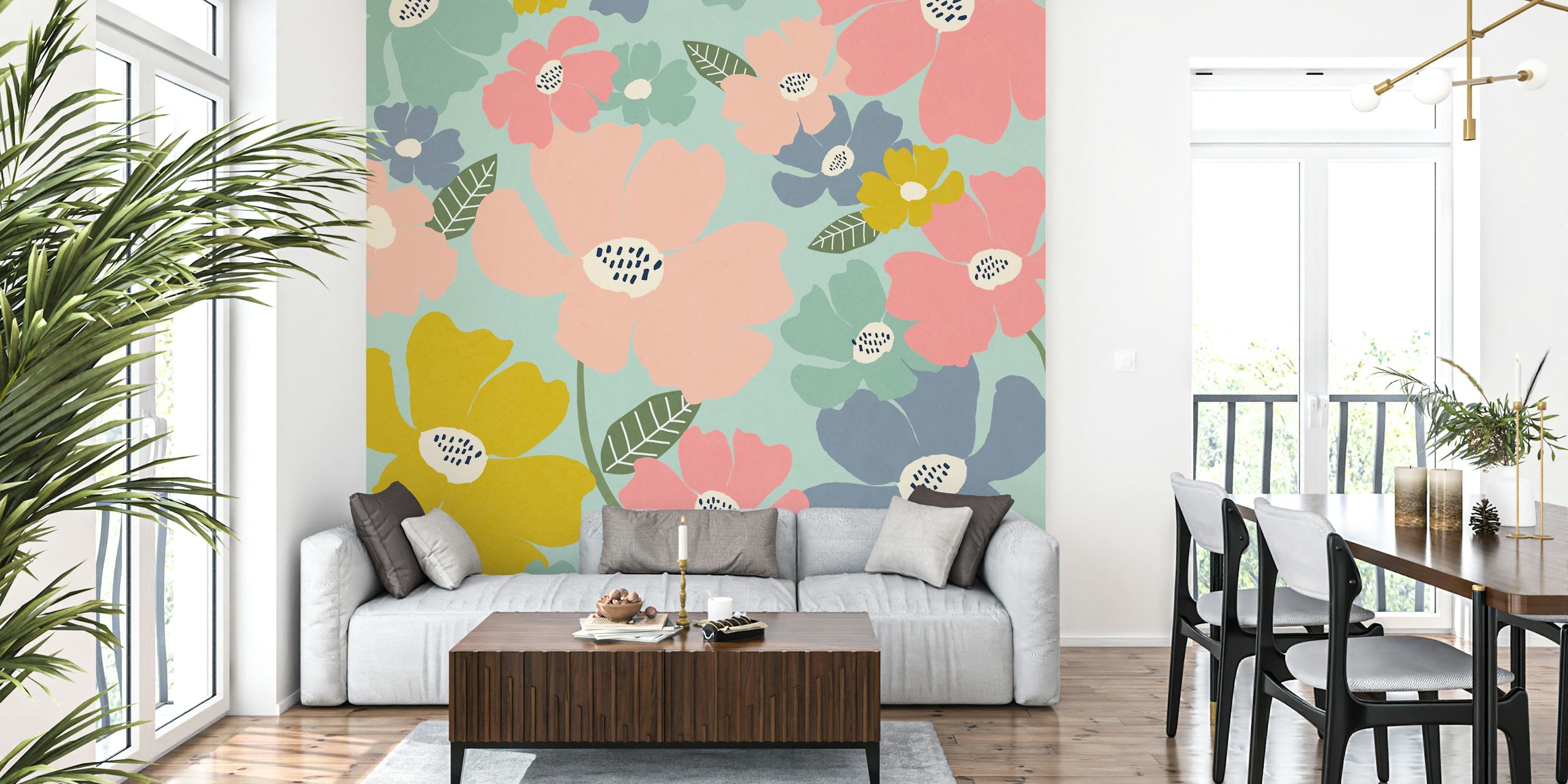 Colorful floral pattern with pink, blue, and yellow flowers wallpaper