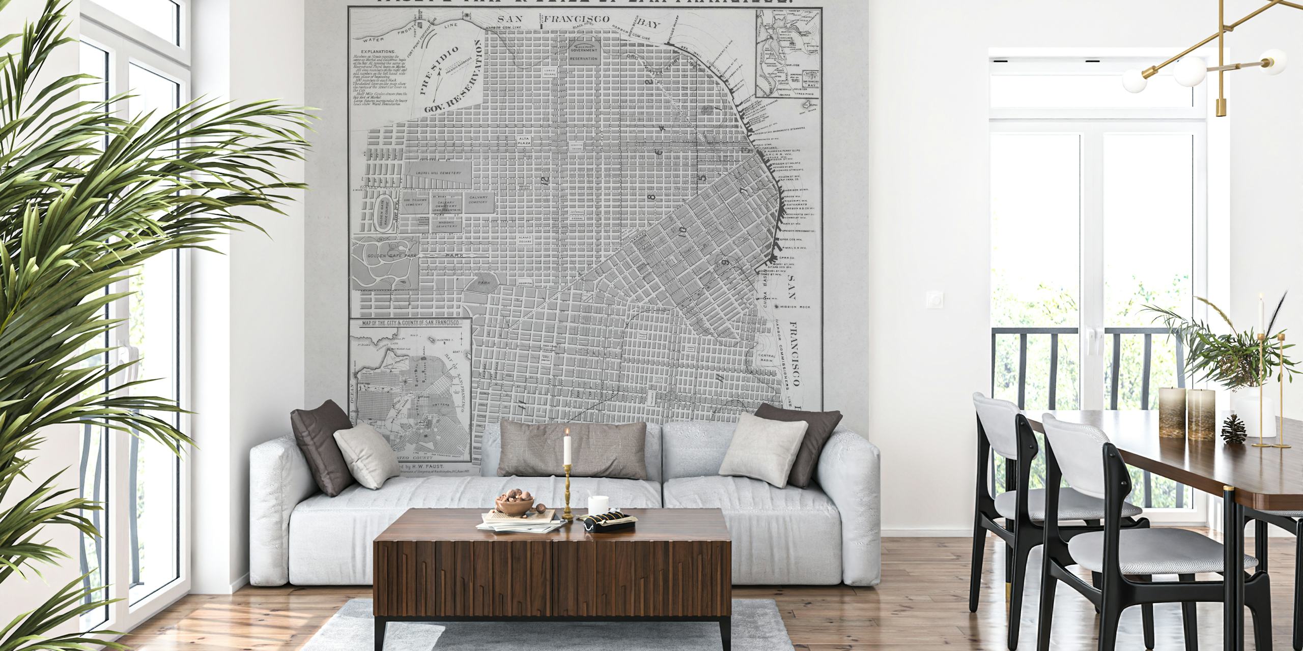 Vintage San Francisco map design in black and white wallpaper