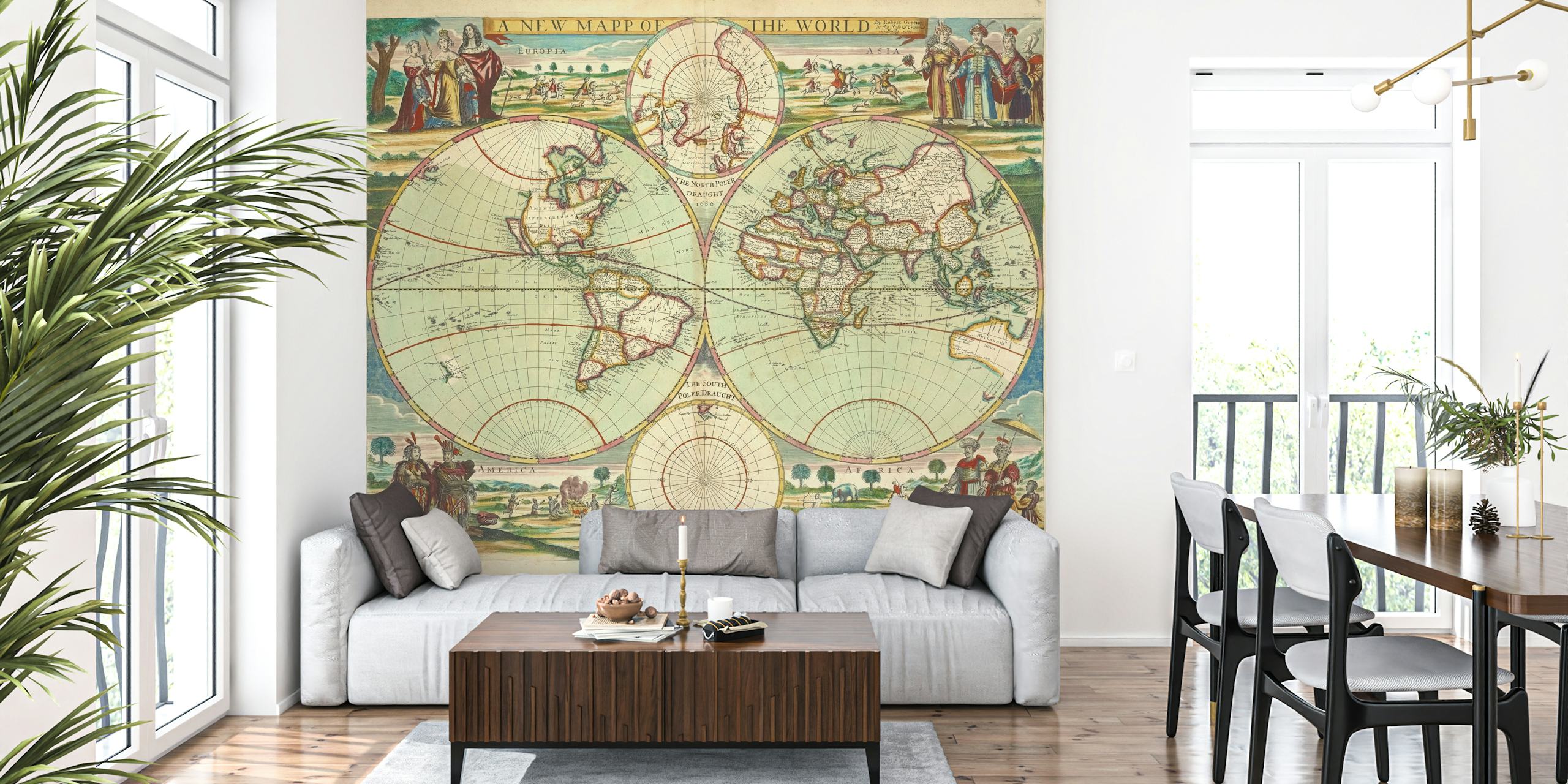 Illustrated Vintage World Map papel de parede em um quarto
