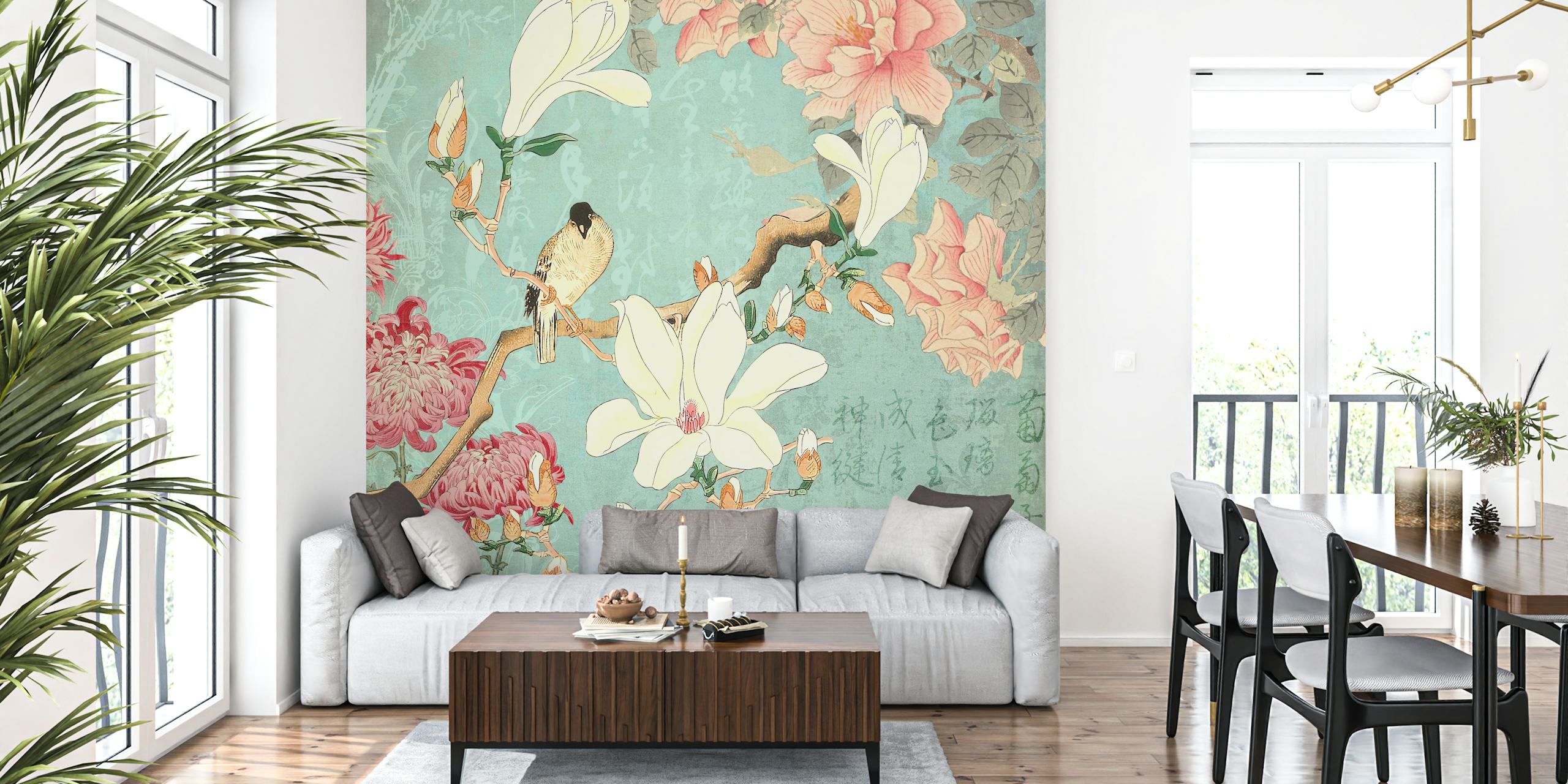 Mural de parede de um jardim de magnólia chinês com pássaros e flores em um fundo azul-petróleo