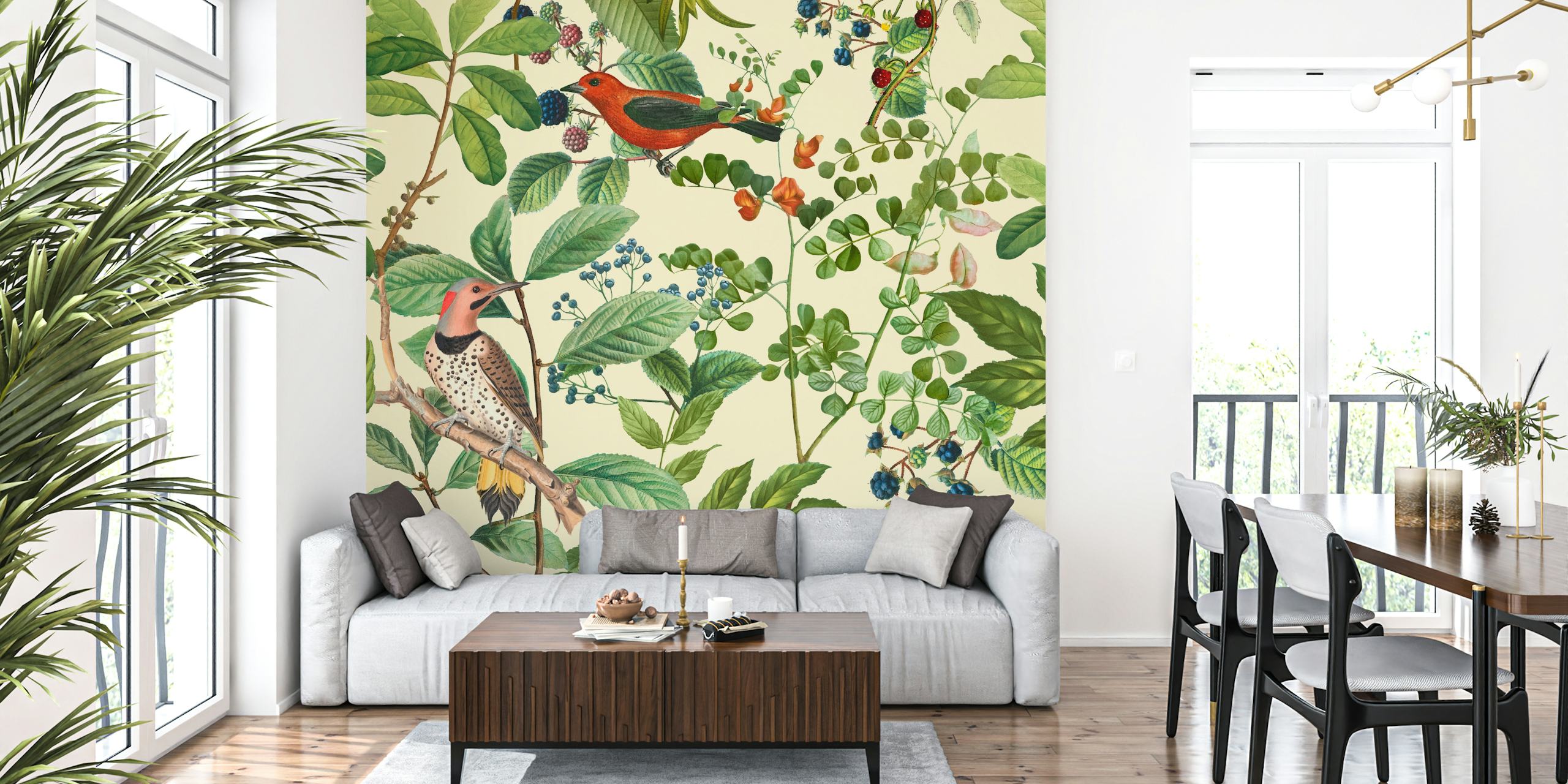 Vögel und Beeren in lebendigen Farben auf beigem Hintergrund, botanische Motive wallpaper