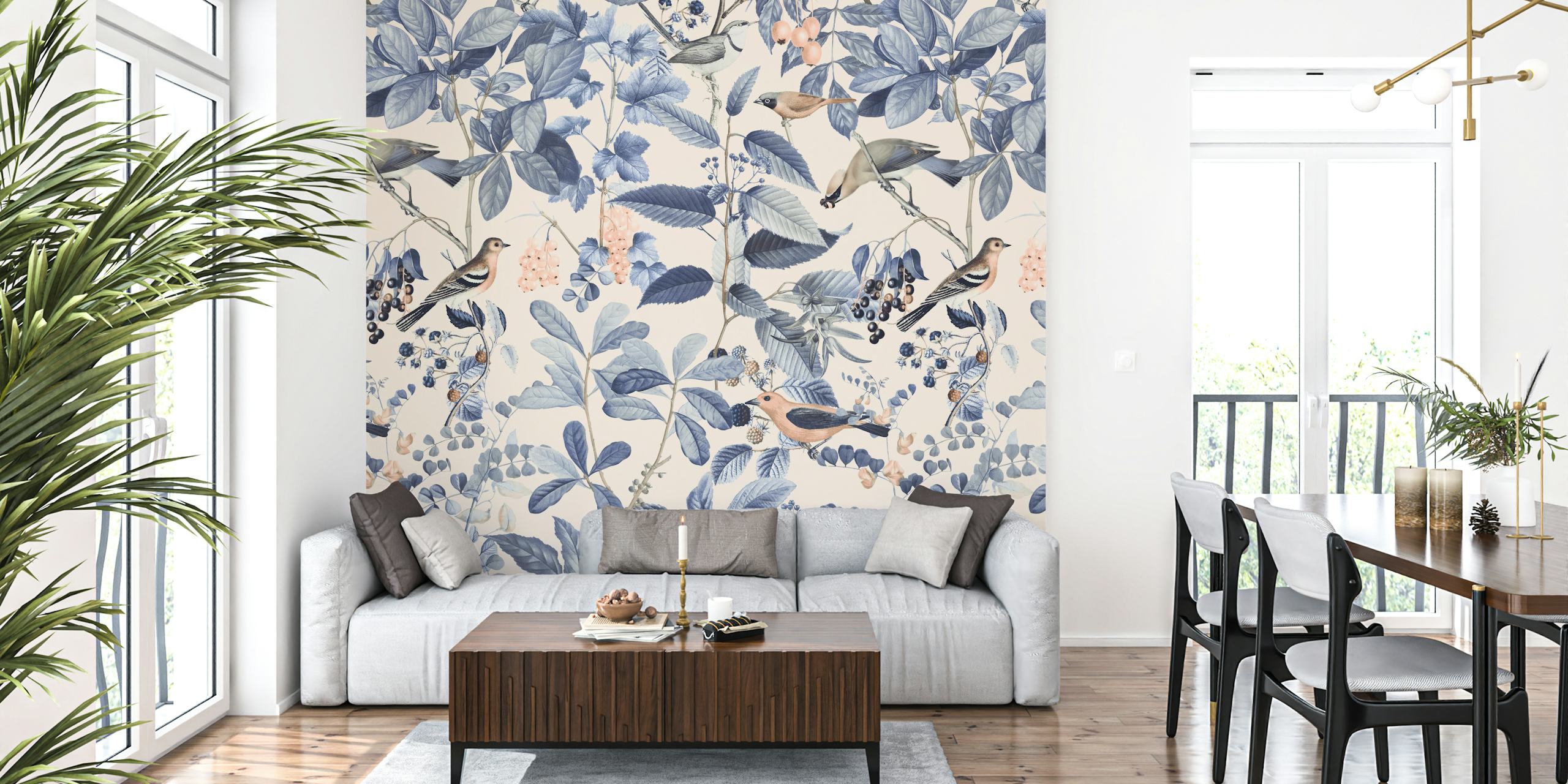 Blue birds and berries wallpaper in a room