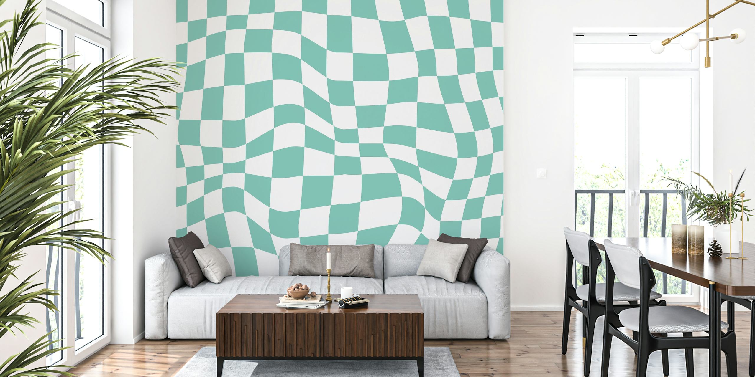 Mural de pared con estampado de cuadros retro en azul y blanco que evoca un ambiente maravilloso de los años 60 y 70