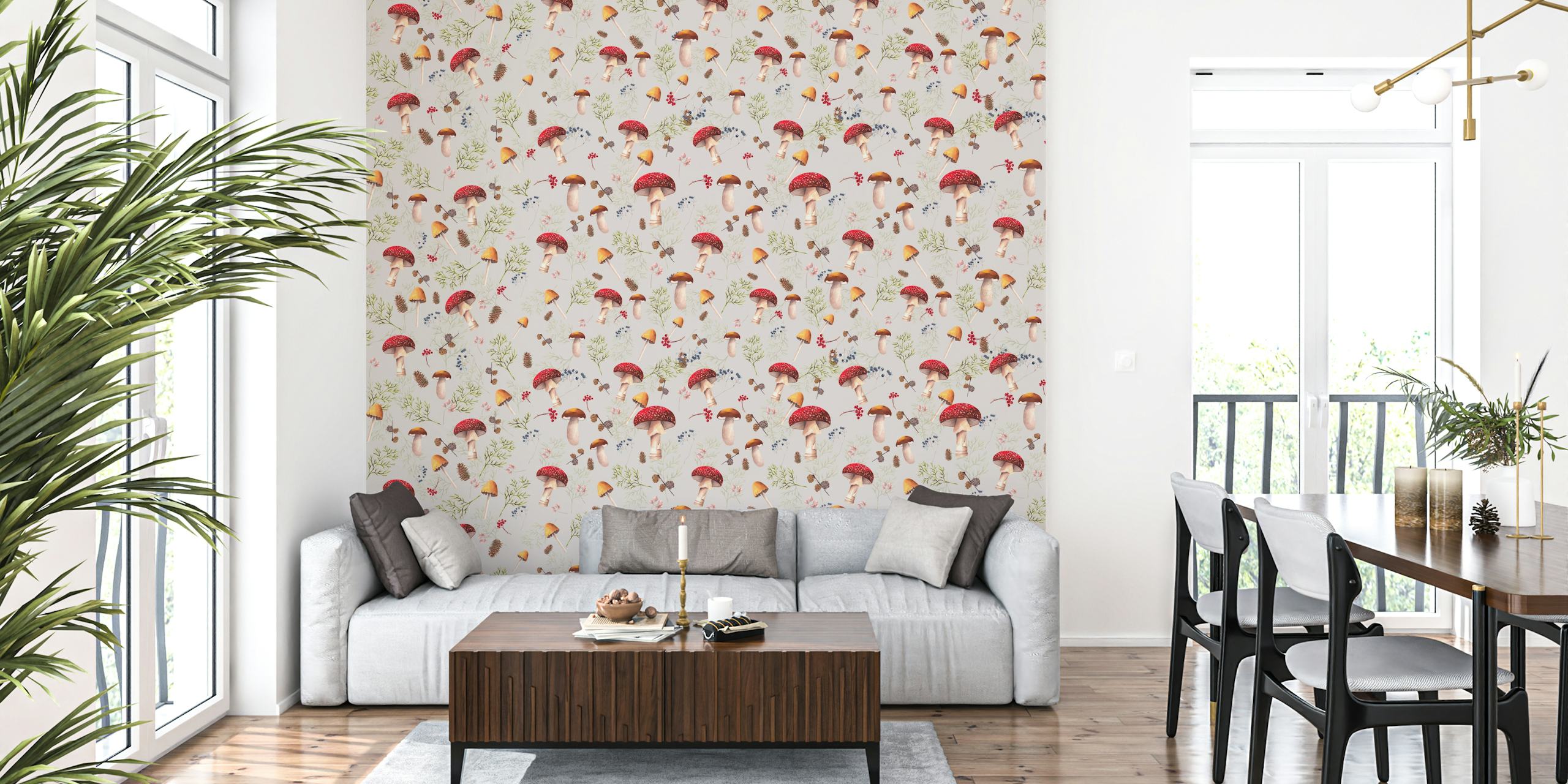Mushrooms and plants behang in een kamer