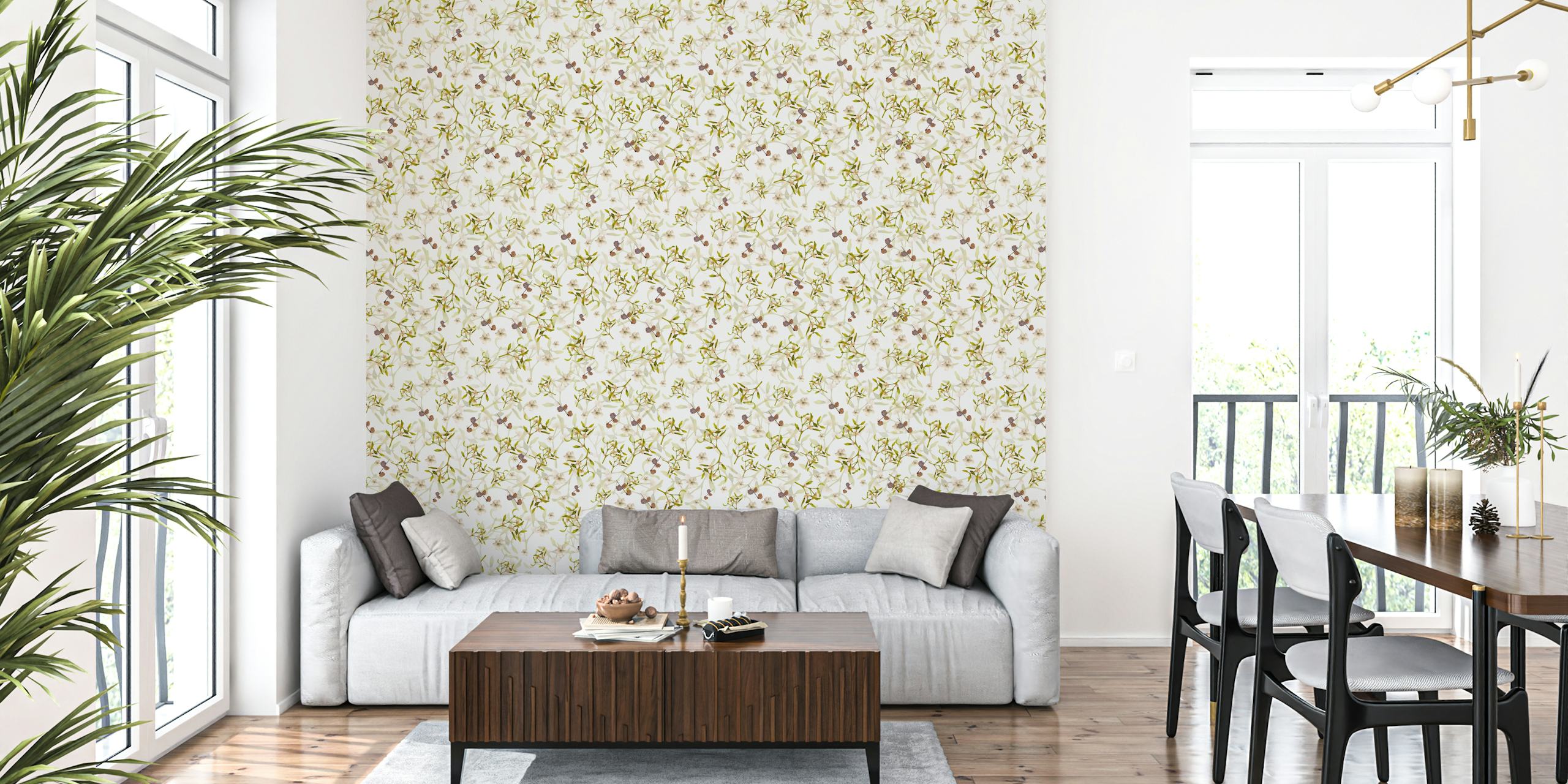 Delicate white floral pattern with green leaves wallpaper
