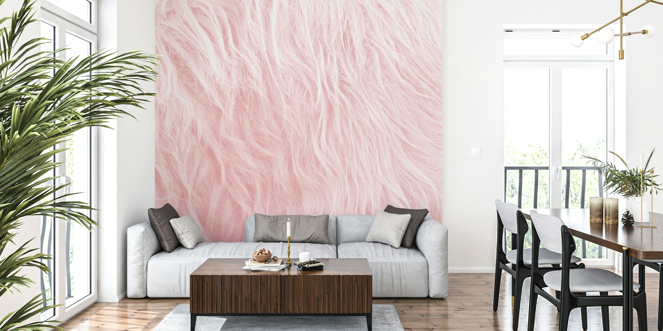 Textured blush faux fur wallpaper in soft pink tones