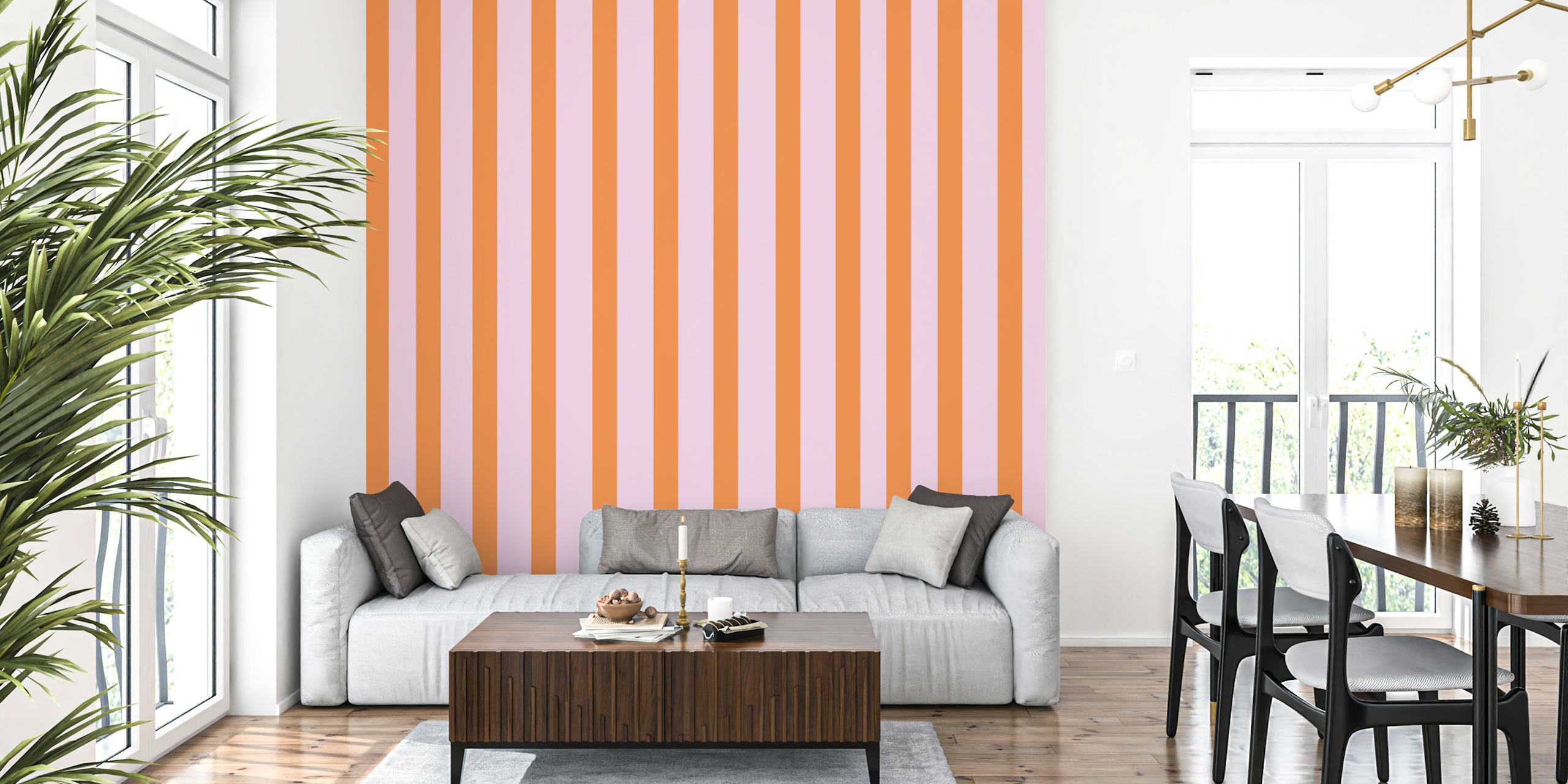 Gestreifte rosa und orange Tapete mit vertikalen Linien