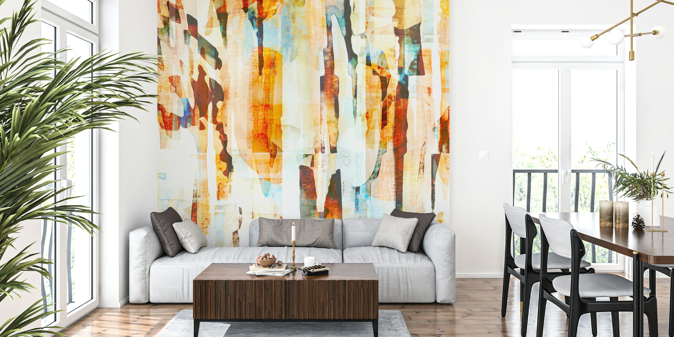 Colorful abstract pattern in earthy tones, orange, and blue wallpaper