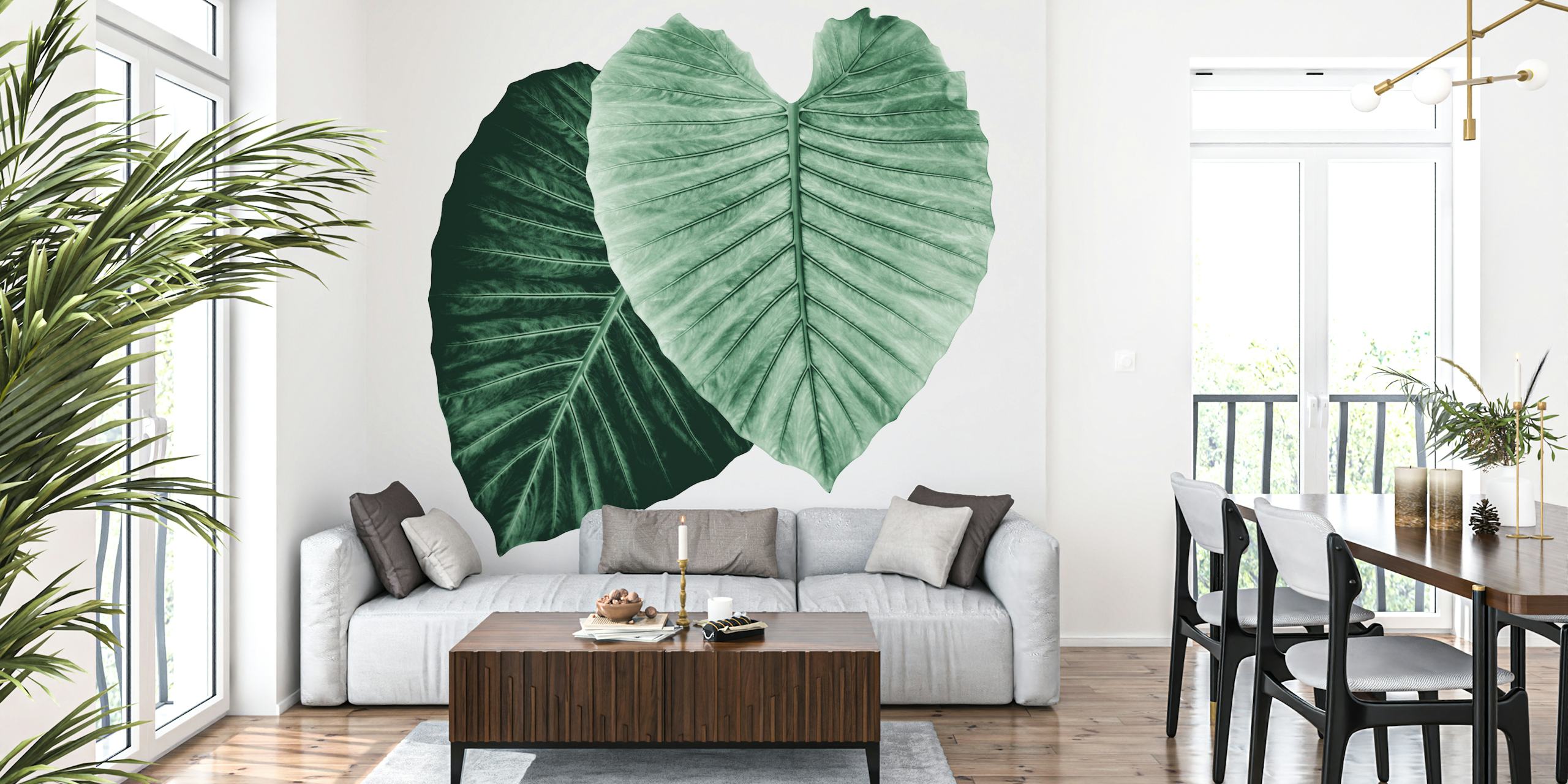 Large green leaves on a light background wallpaper