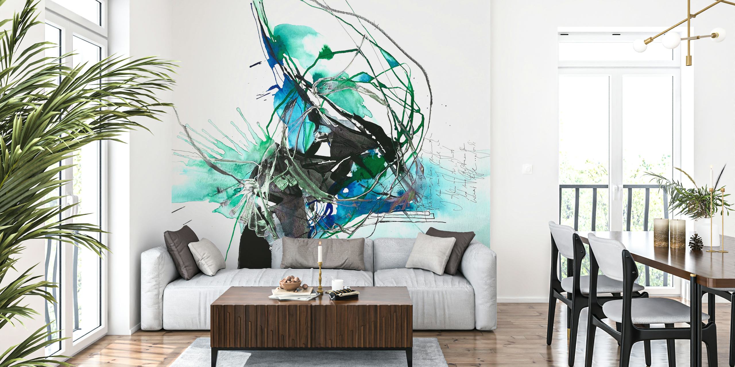 Abstract papel tapiz de arte verde y azul en una habitación