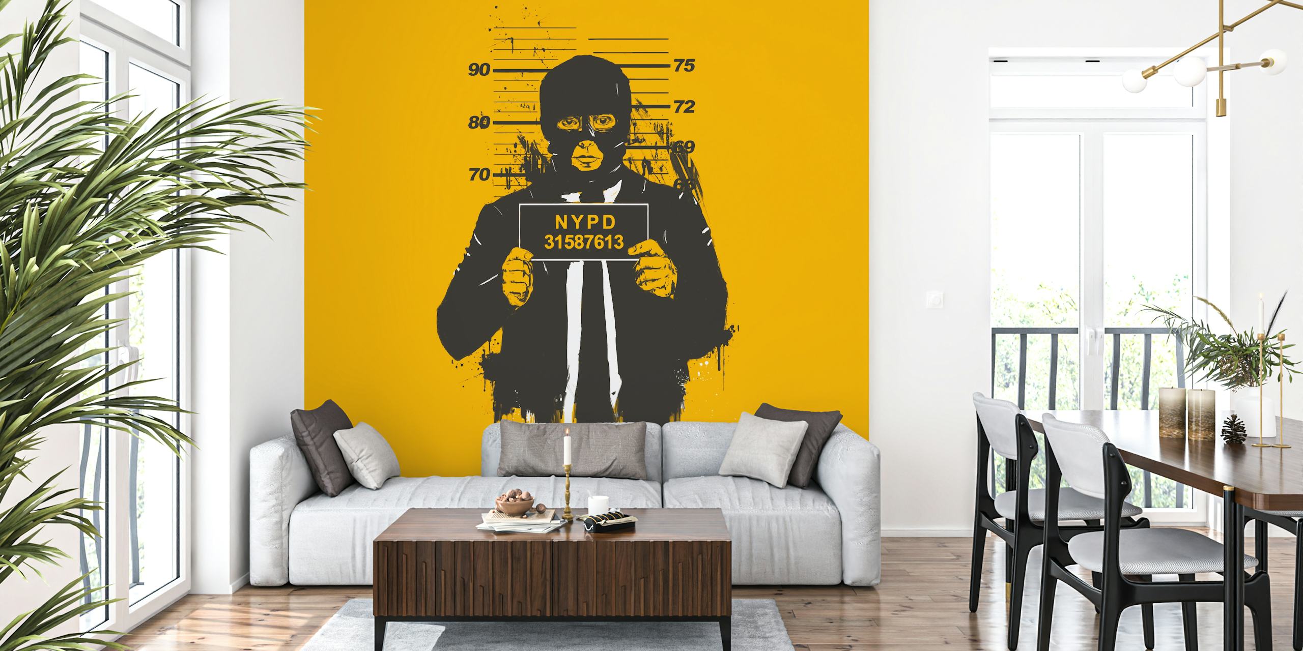 Black and yellow graphic wallpaper with a silhouette of a man holding a NYPD sign