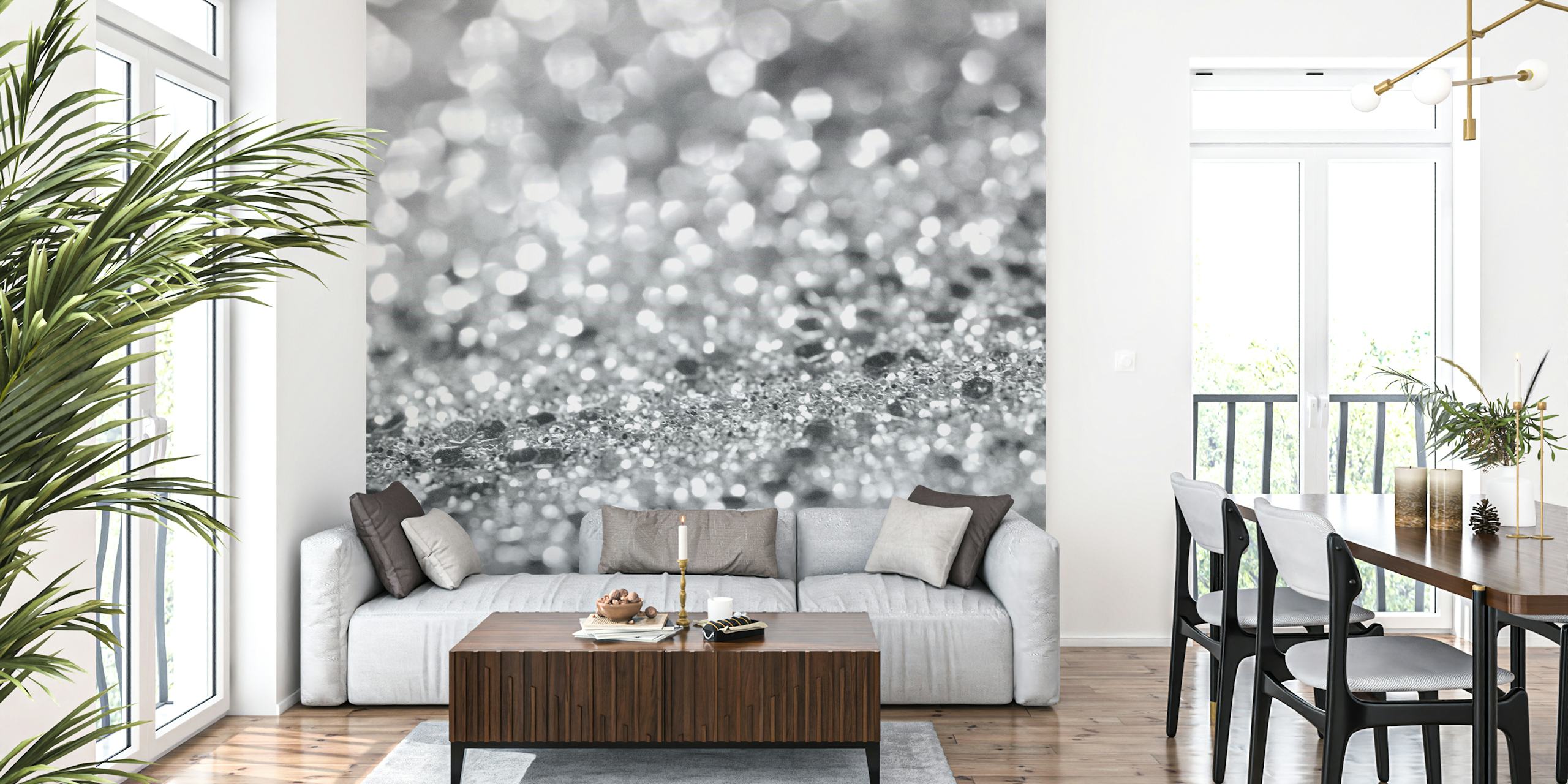 Silver glitter textured wallpaper with shimmering effects