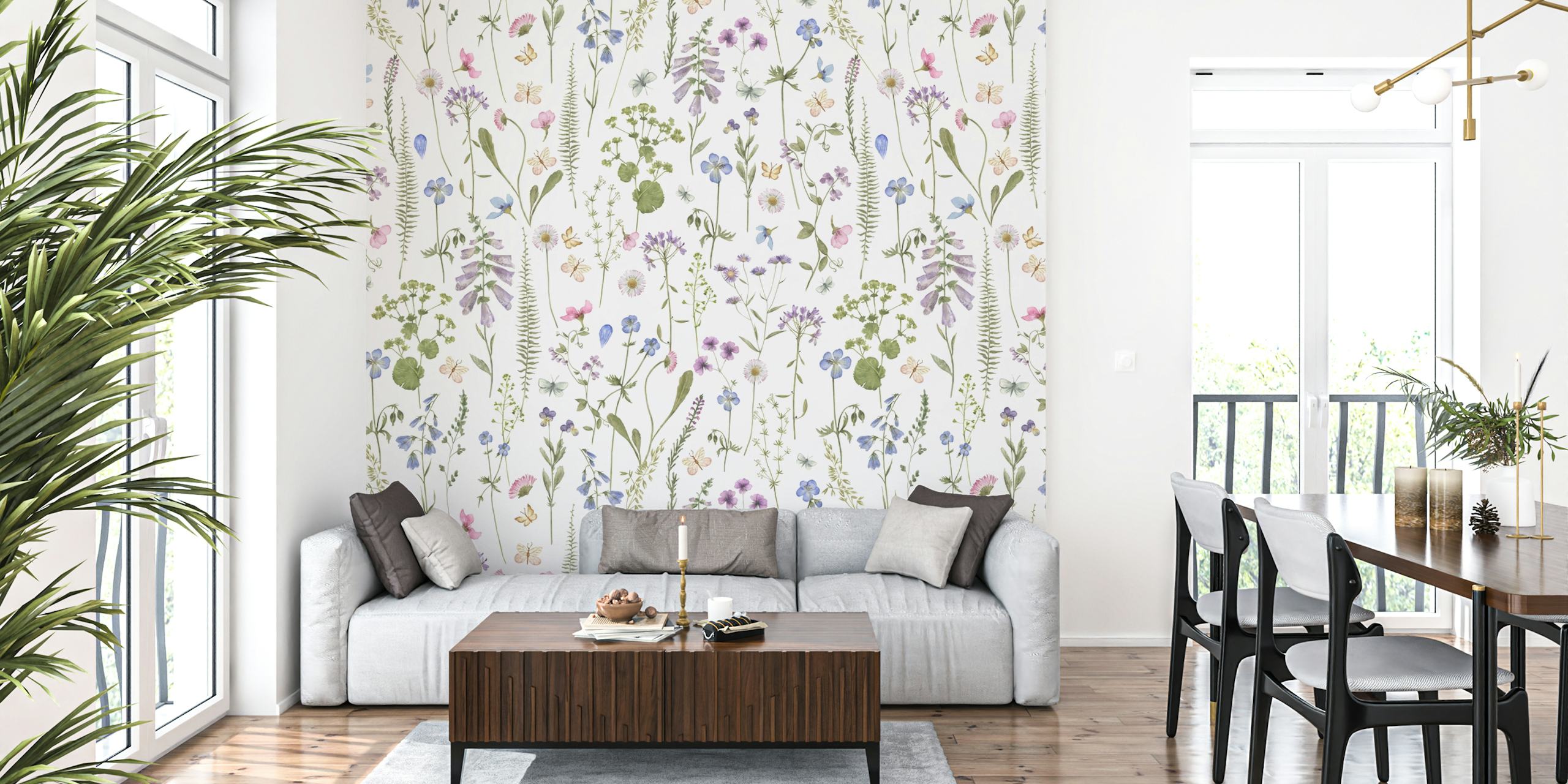 Various colorful wildflowers and green leaves on a white background wallpaper