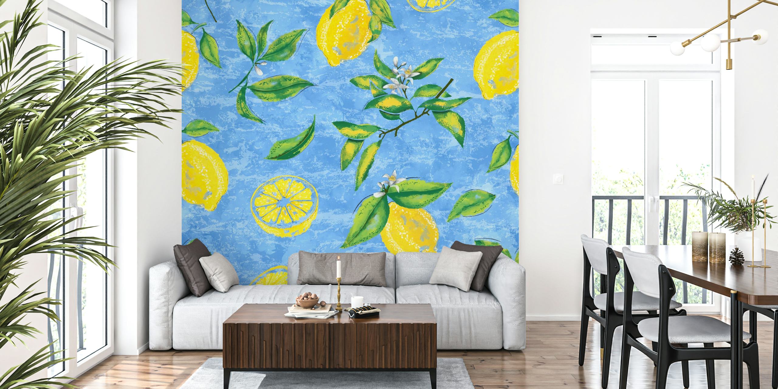 Lemon and green leaves on blue textured background wallpaper