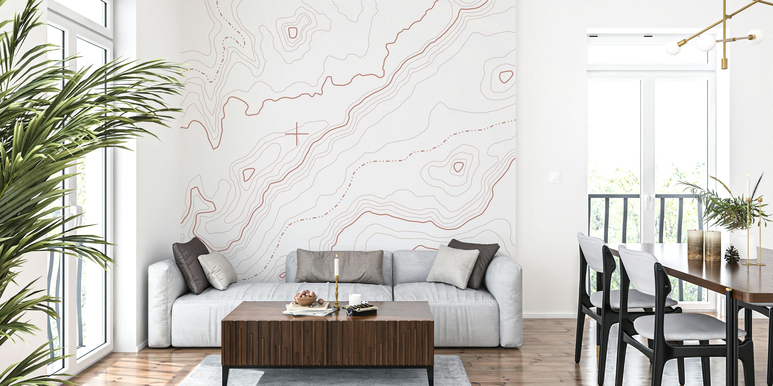 Red topographical map wallpaper in a room