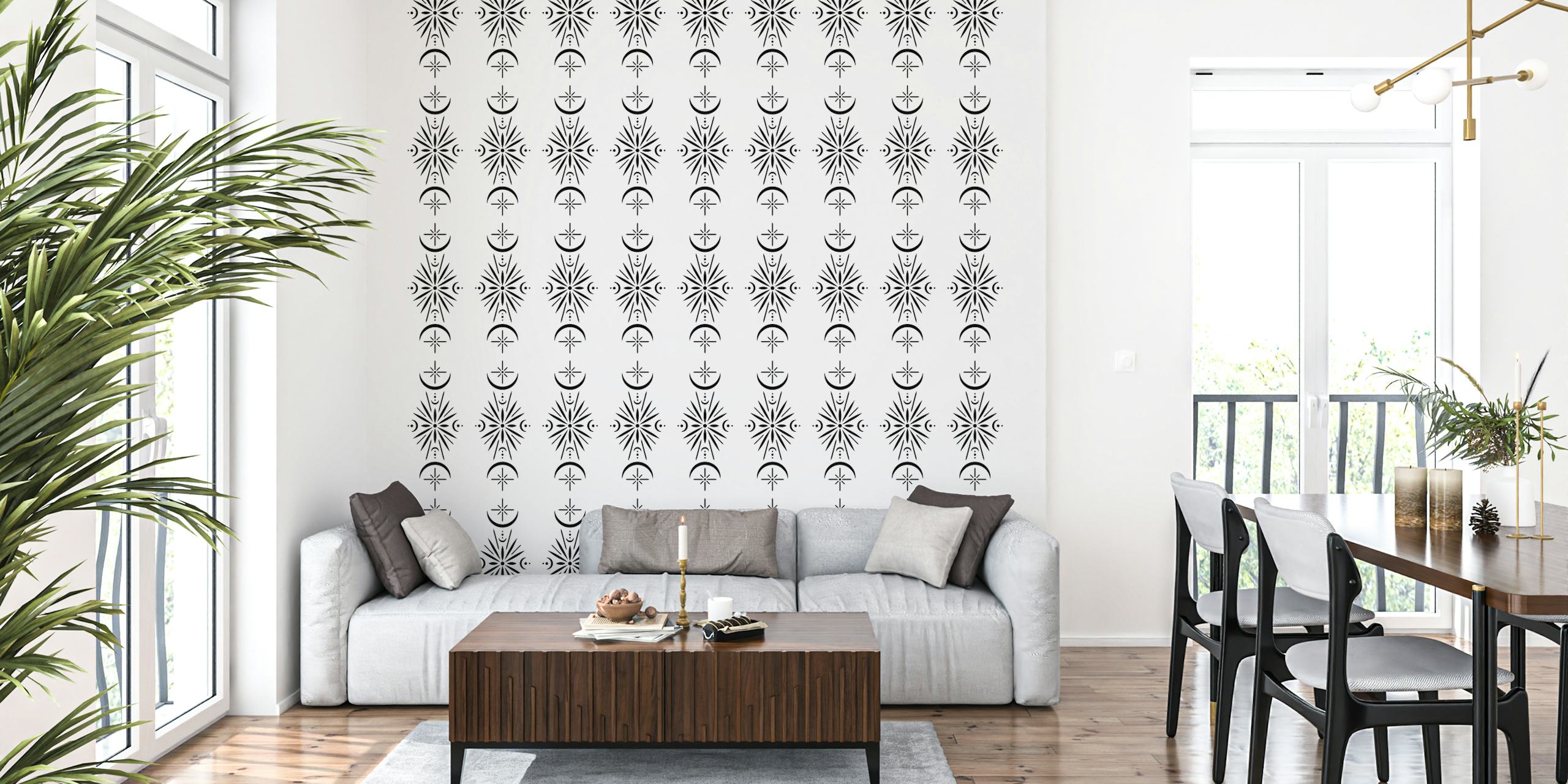 Elegante mural de parede com padrão de lua crescente e flor da lua em monocromático