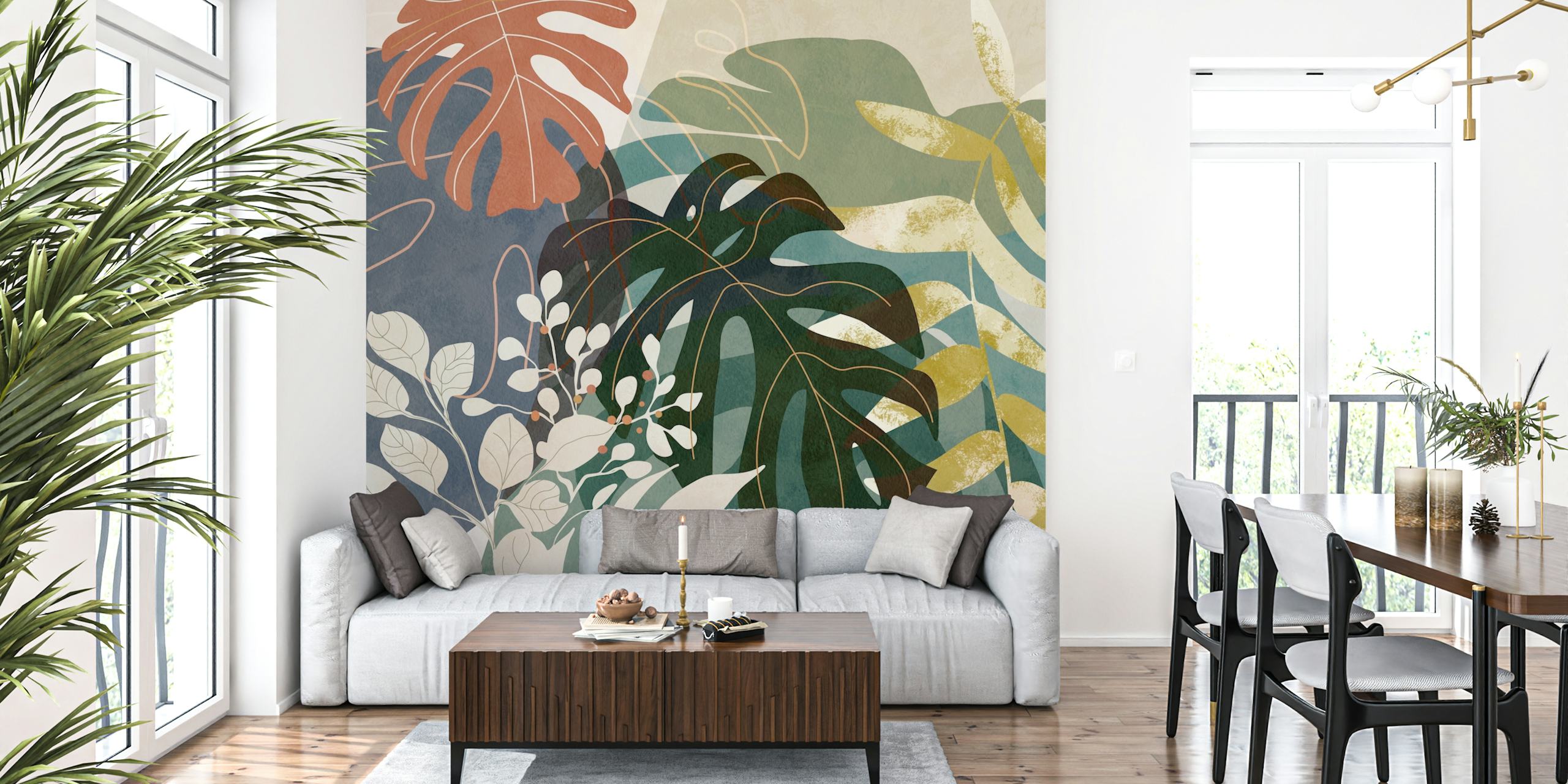 Desaturated jungle leaves in green, brown, and cream hues wallpaper