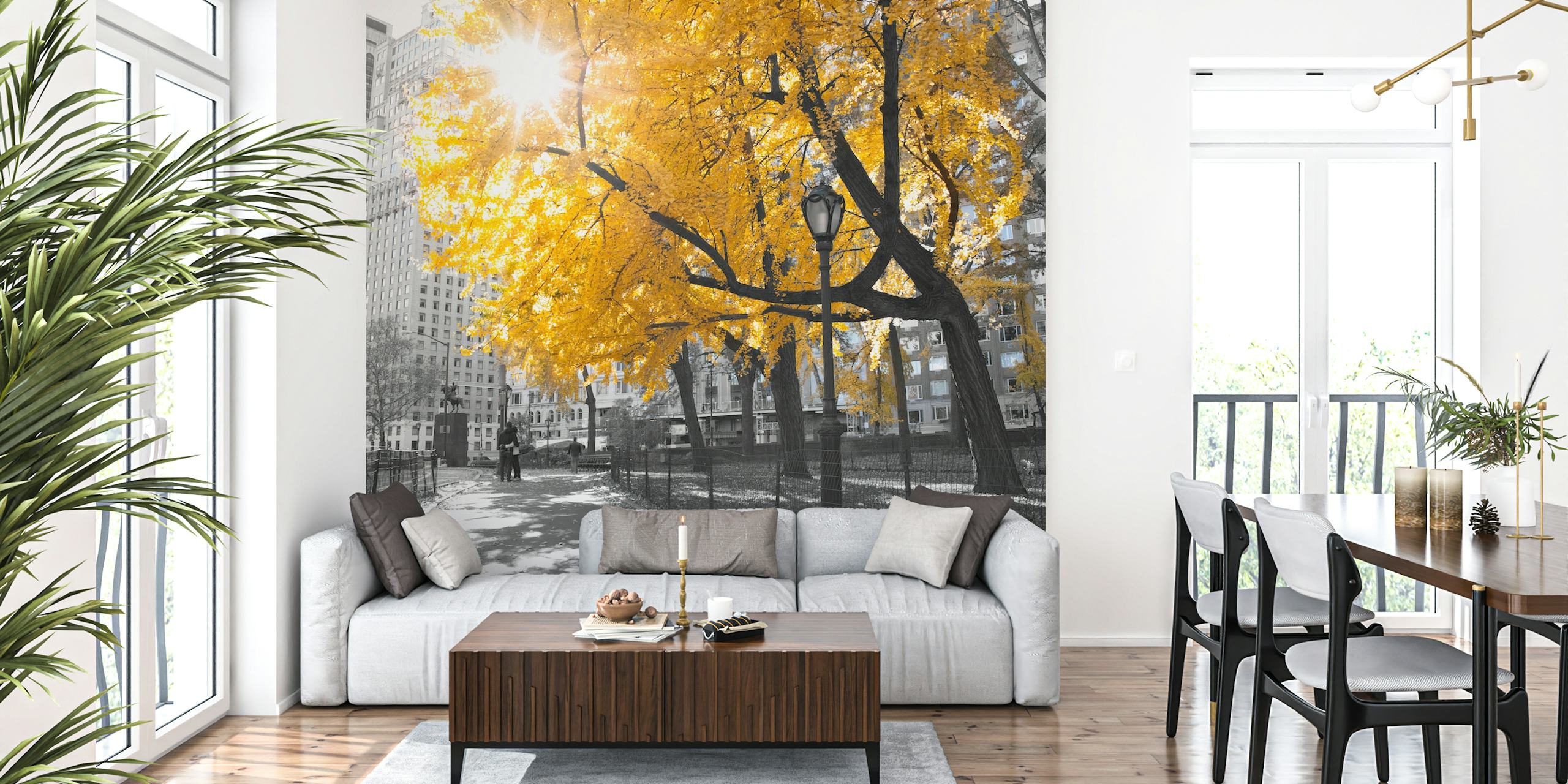 Yellow autumn leaves with black and white buildings wallpaper