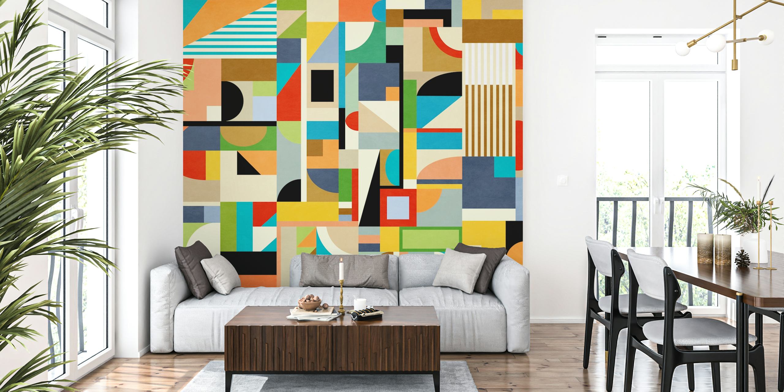 Colorful abstract geometric wallpaper displayed in a room