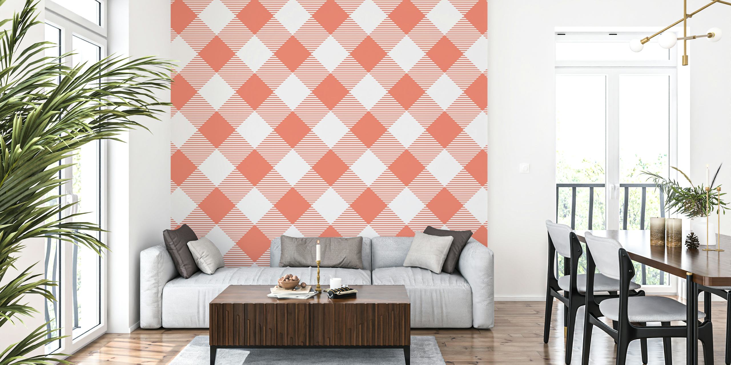 Coral orange and white gingham pattern wall mural