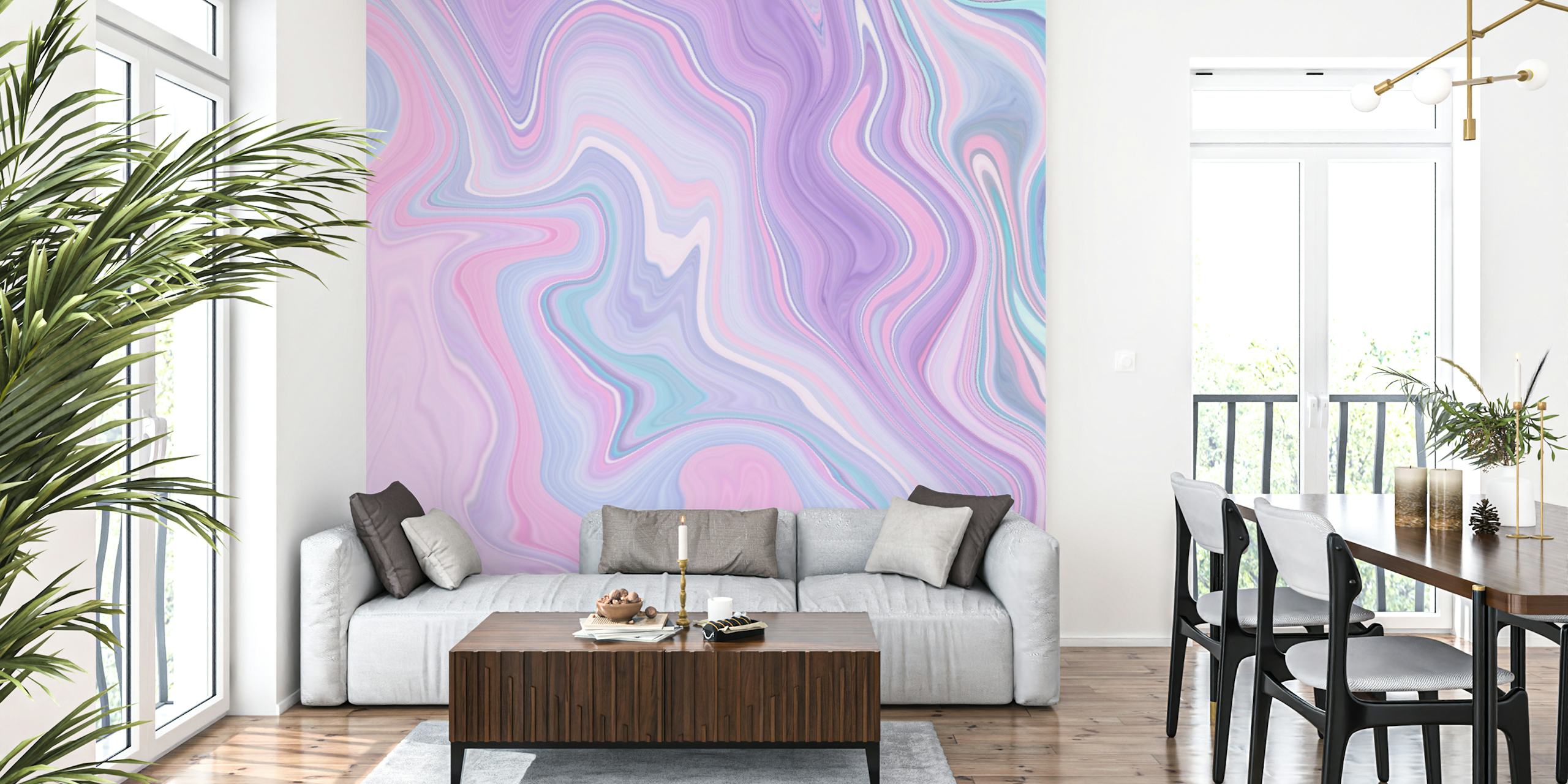 Colorful liquid marble wallpaper with pink, purple, and teal swirls