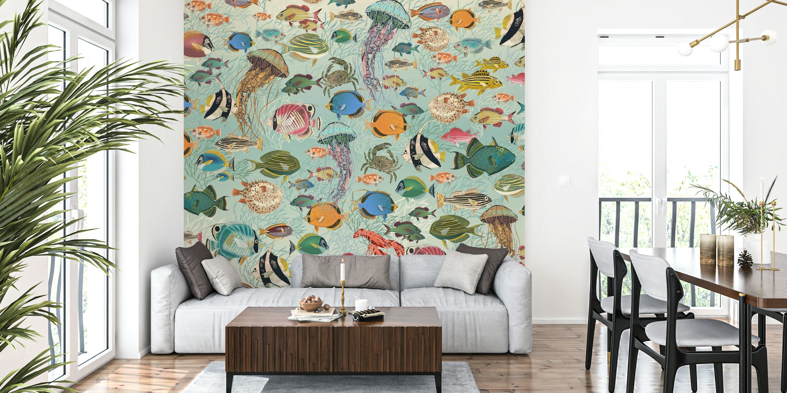 Colorful fish and jellyfish pattern in shades of blue and orange wallpaper