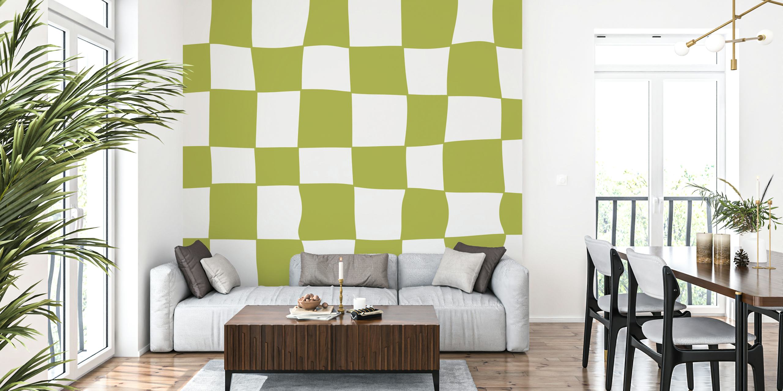 Checkered pattern in olive green and cream wallpaper