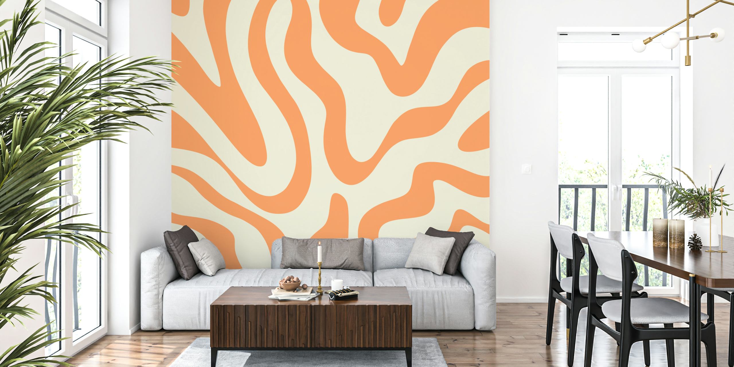 Orange swirling patterns on cream background retro wallpaper