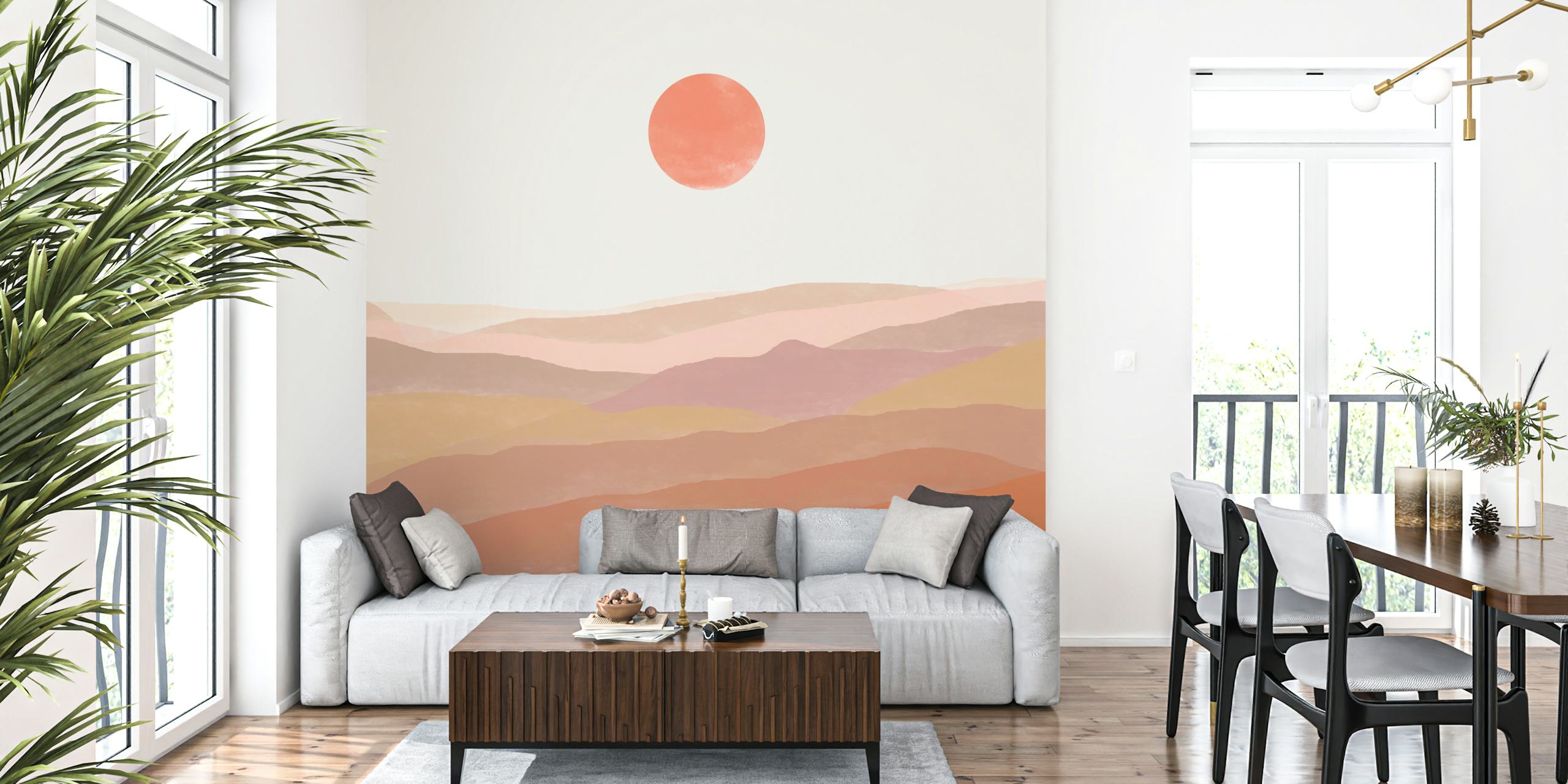 Abstract landscape with soft pastel colors and a sun, wallpaper
