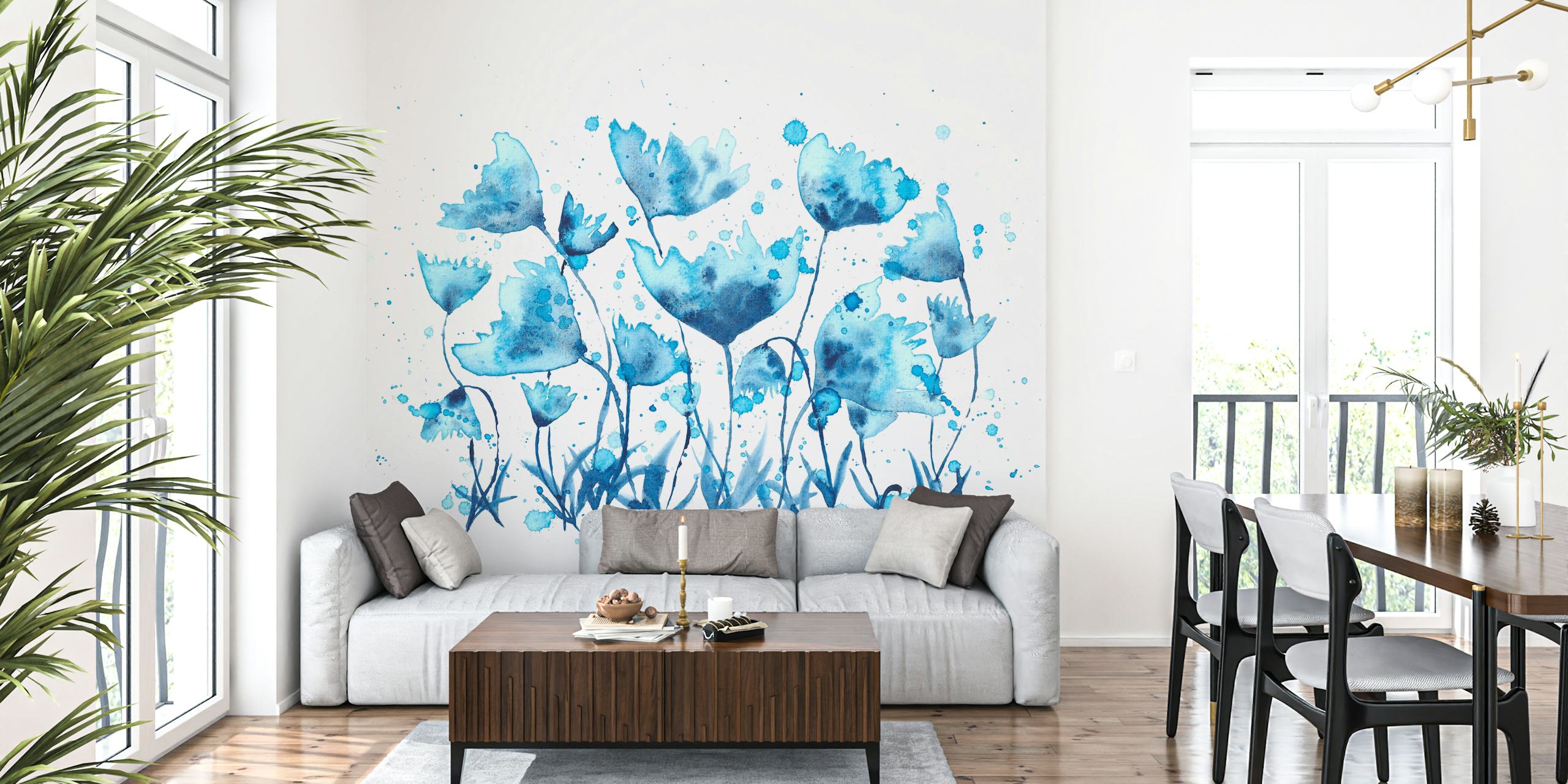 Carta da parati con disegno floreale ad acquerello blu raffigurante una serena scena di giardino