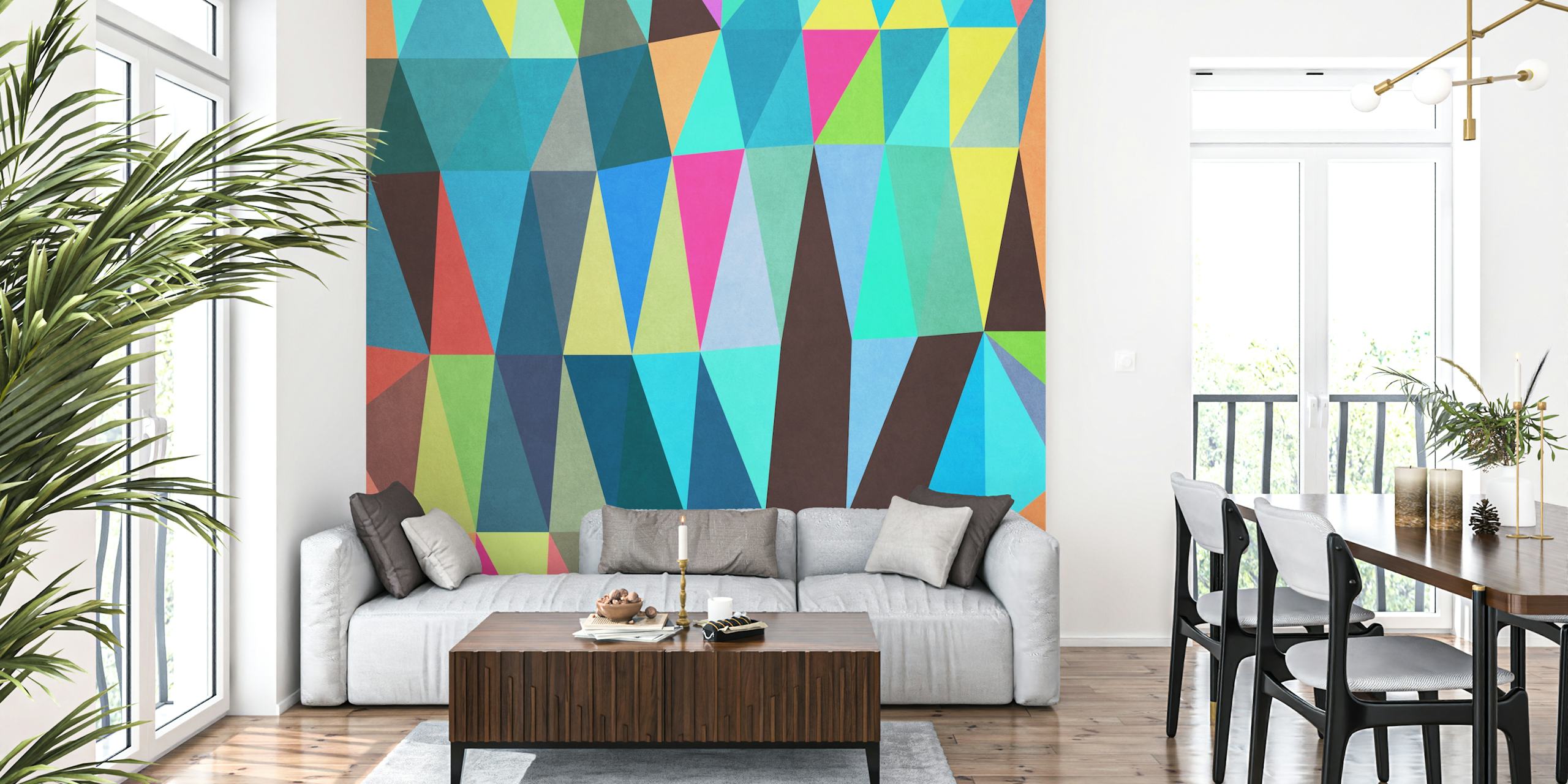 Abstract geometric wallpaper design in a room