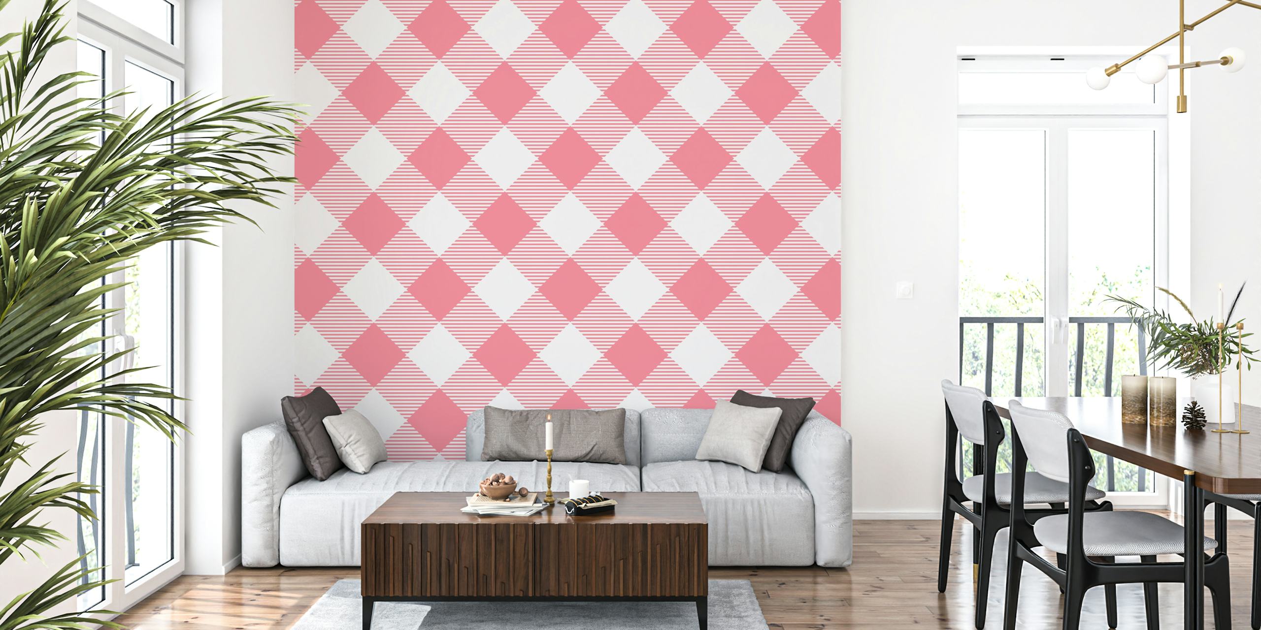 Pink and white gingham check patterned wallpaper