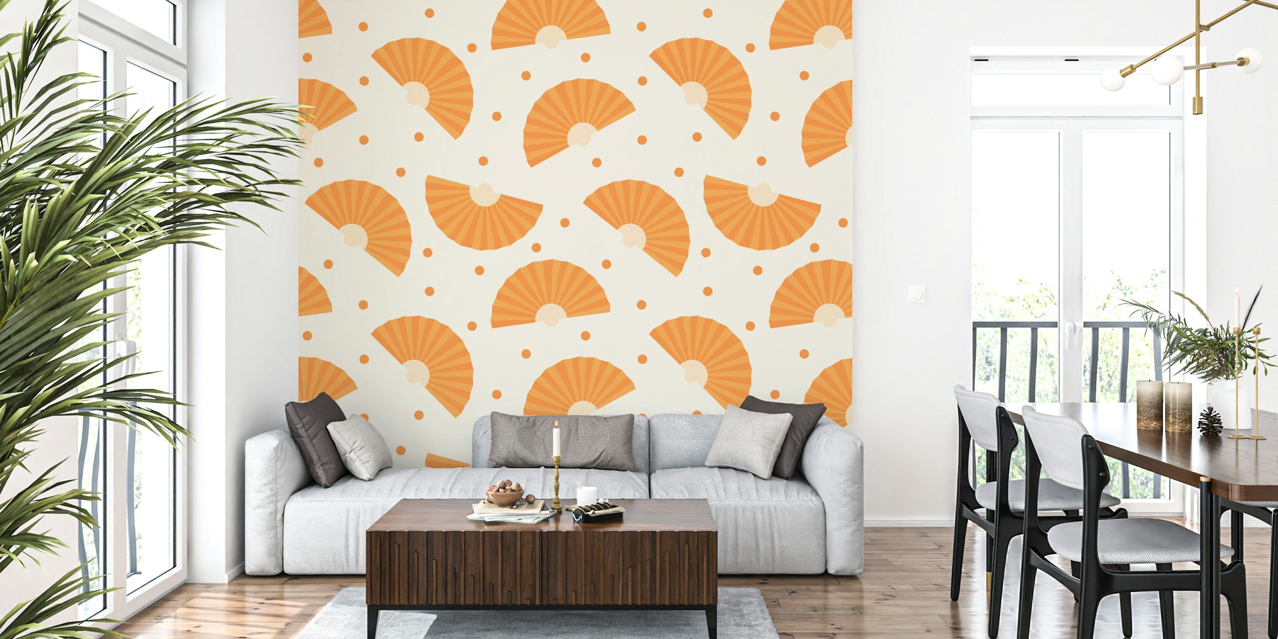 Orange hand fan pattern with dots on a cream background wallpaper