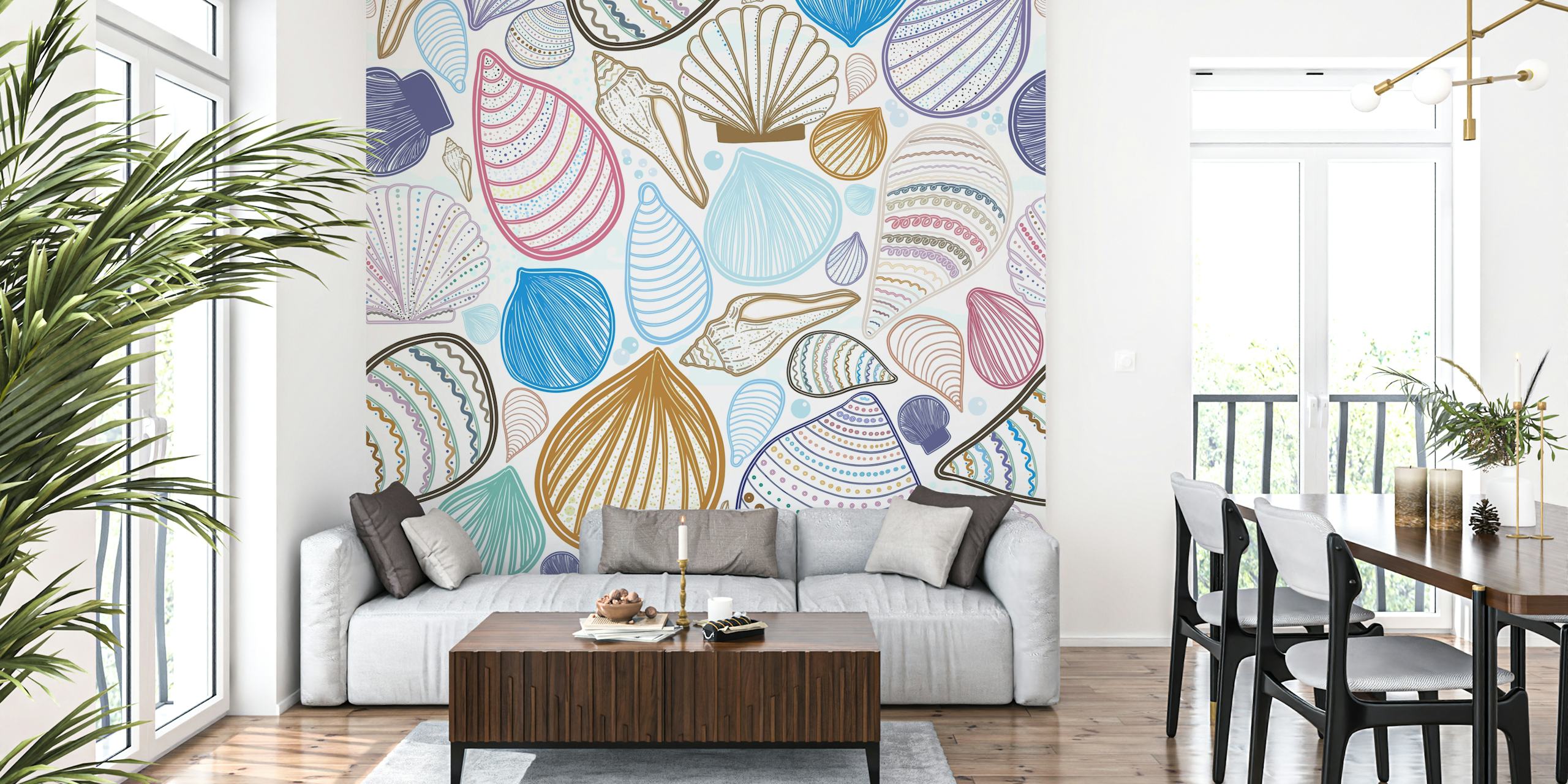 Pastel seashell pattern wall mural with a variety of sea shells in soothing colors