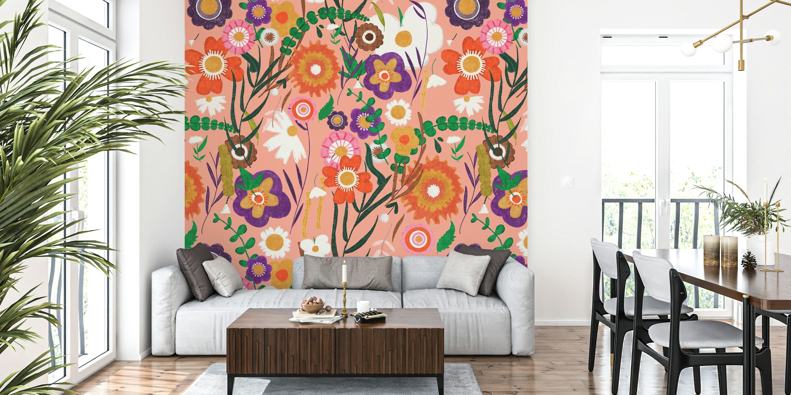 Folk spring floral pink σχέδιο ταπετσαρίας σε ένα δωμάτιο