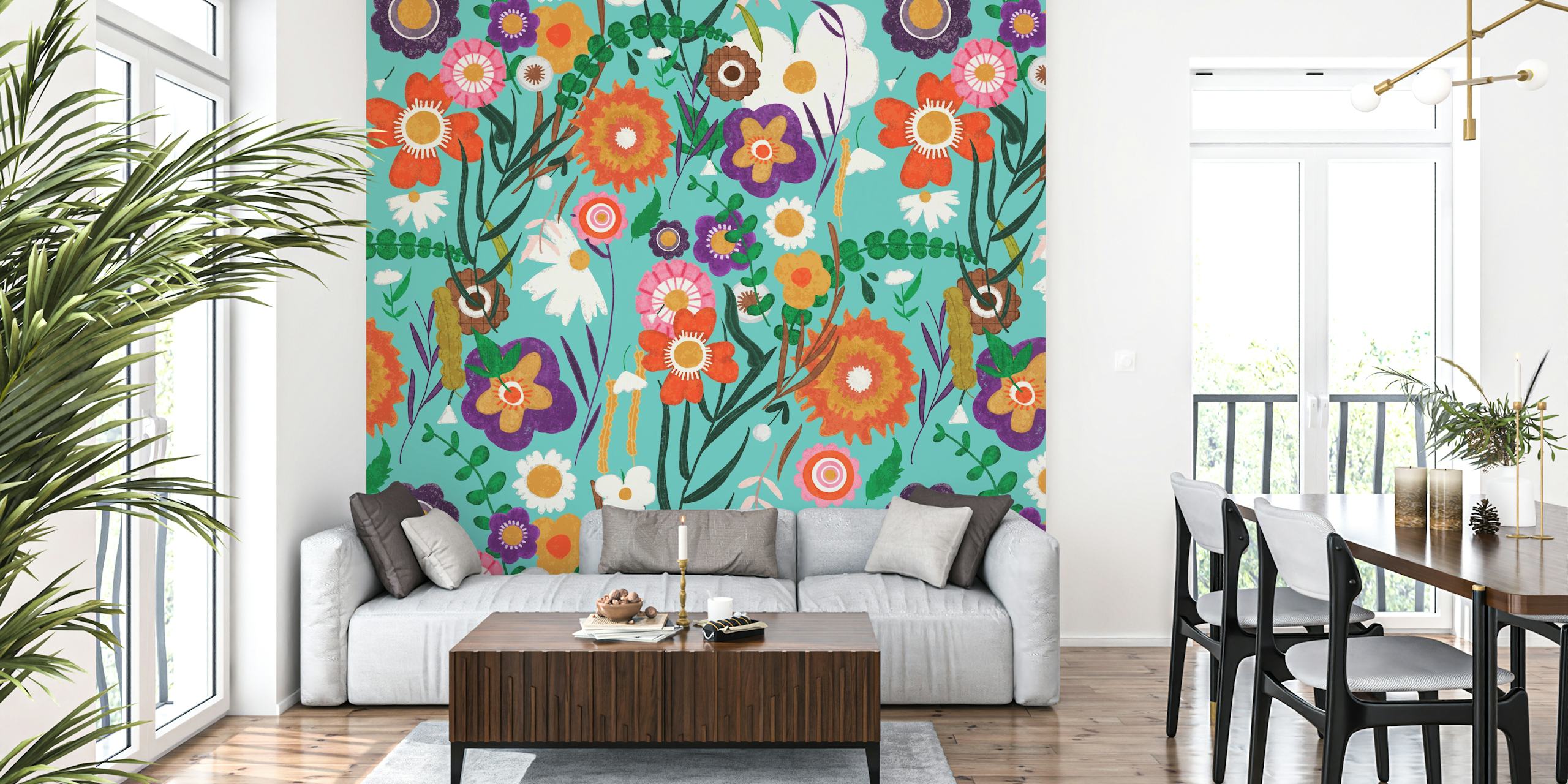 Folk spring floral blue design de papel de parede