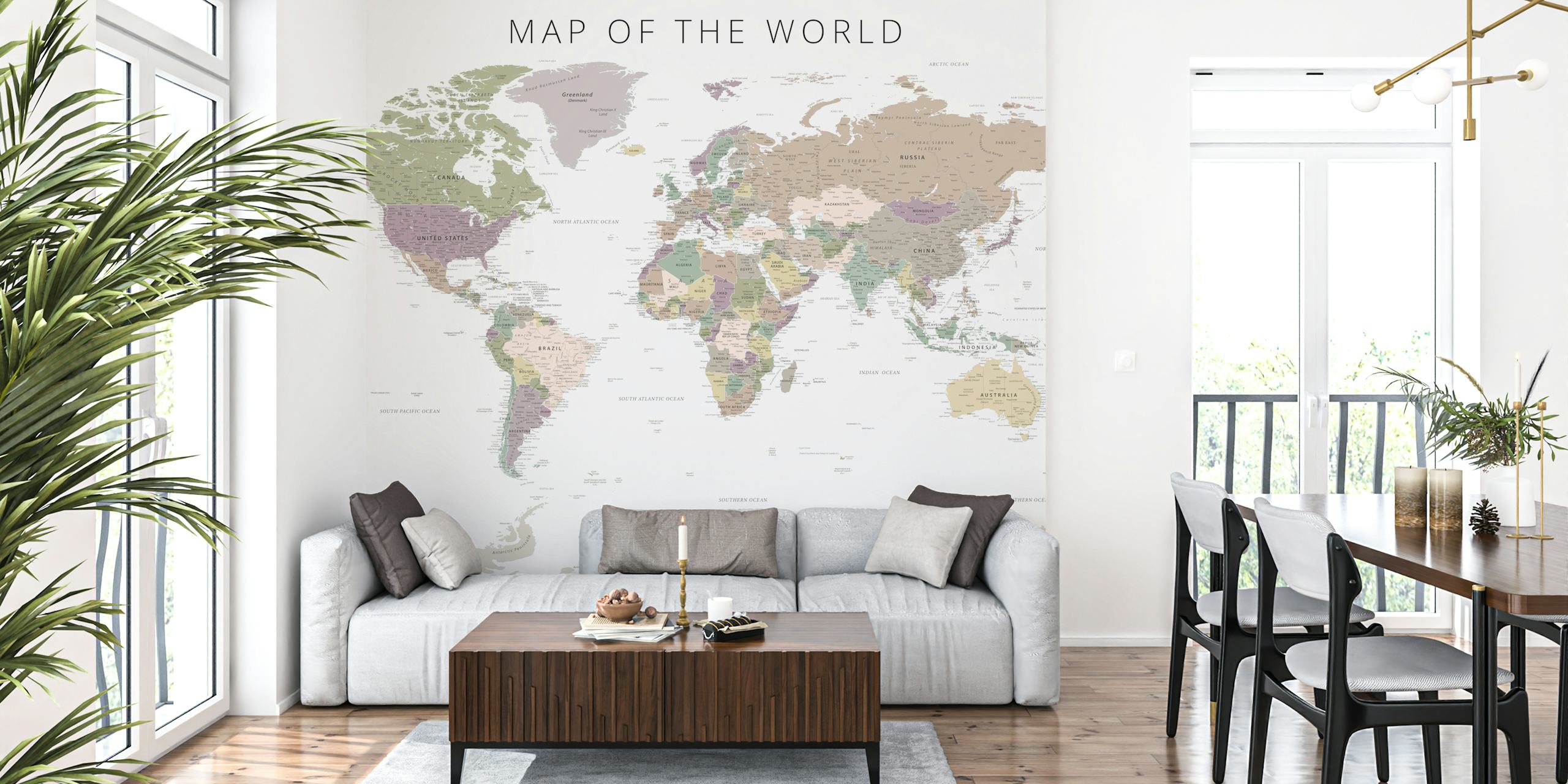 World map in muted colors including beige and green tones wallpaper