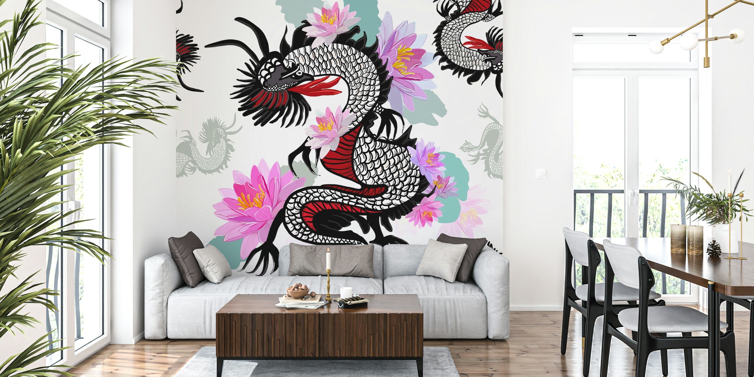 Mythical dragon and blooming lotus wall mural design